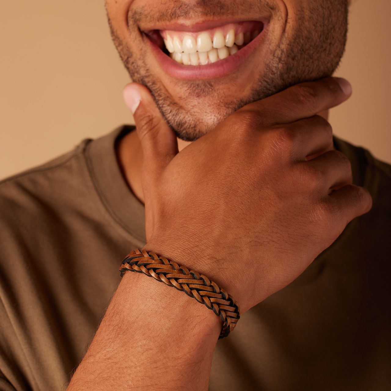 Stainless steel herenarmband gevlochten leer lichtbruin