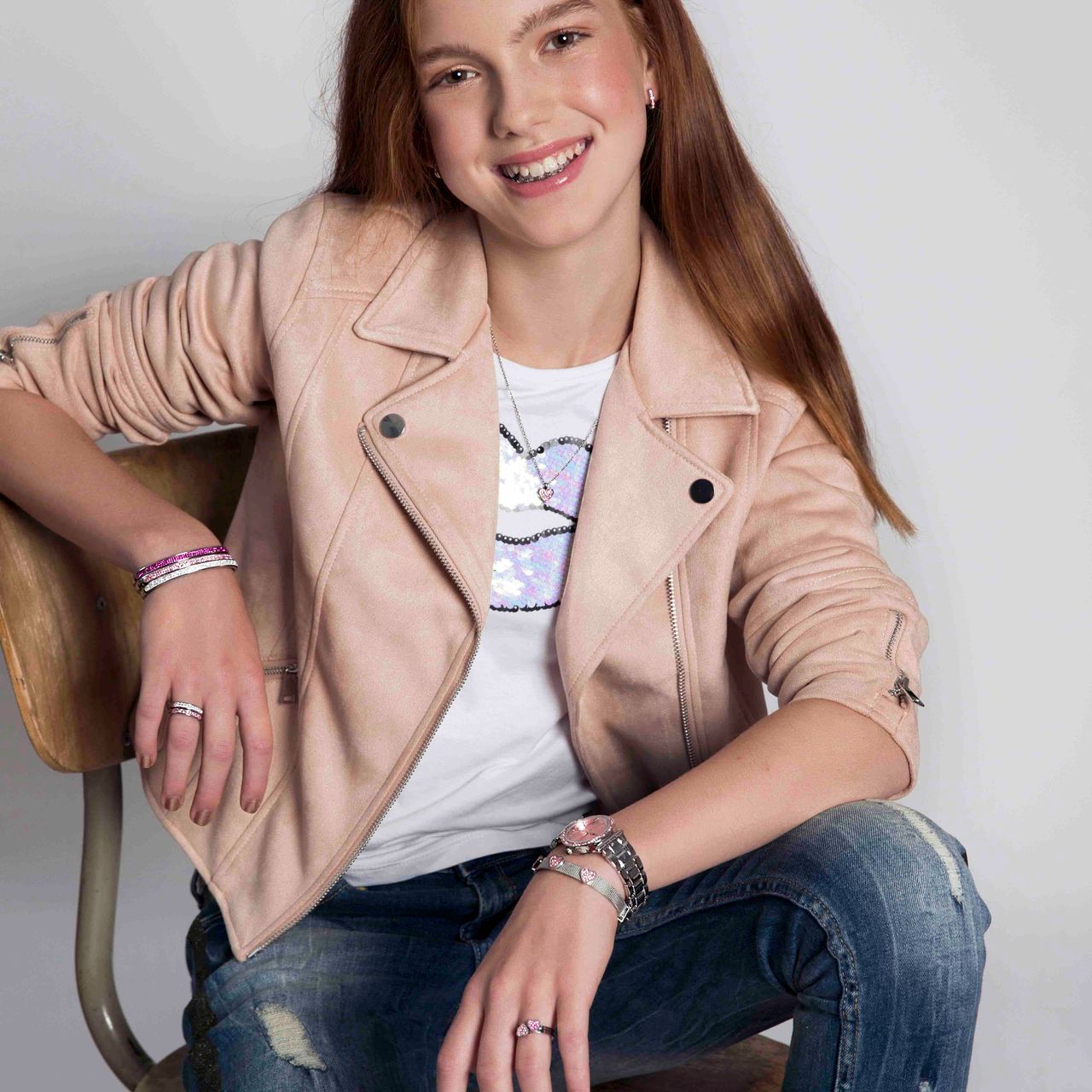 Gerecycled stainless steel kinderring licht roze kristal