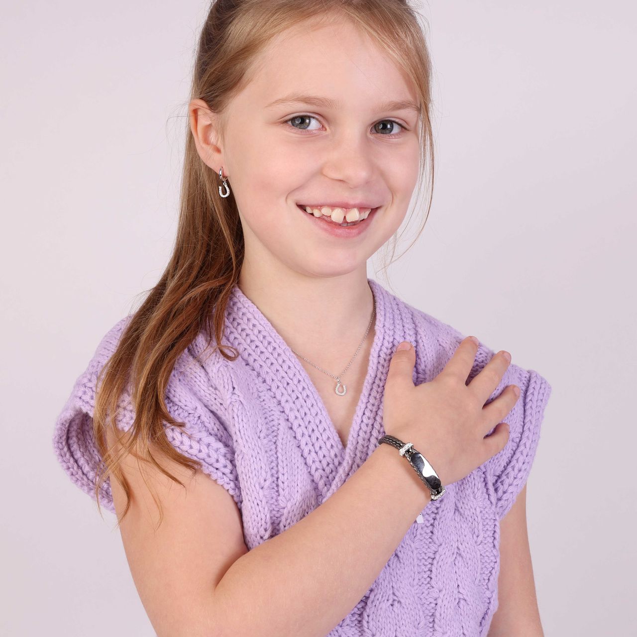 Gerecycleerd stainless steel kinderplaatarmband leer grijs met kristal
