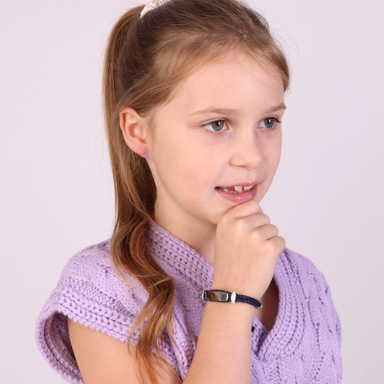 Gerecycleerd stainless steel kinderplaatarmband leer dark blue kristal