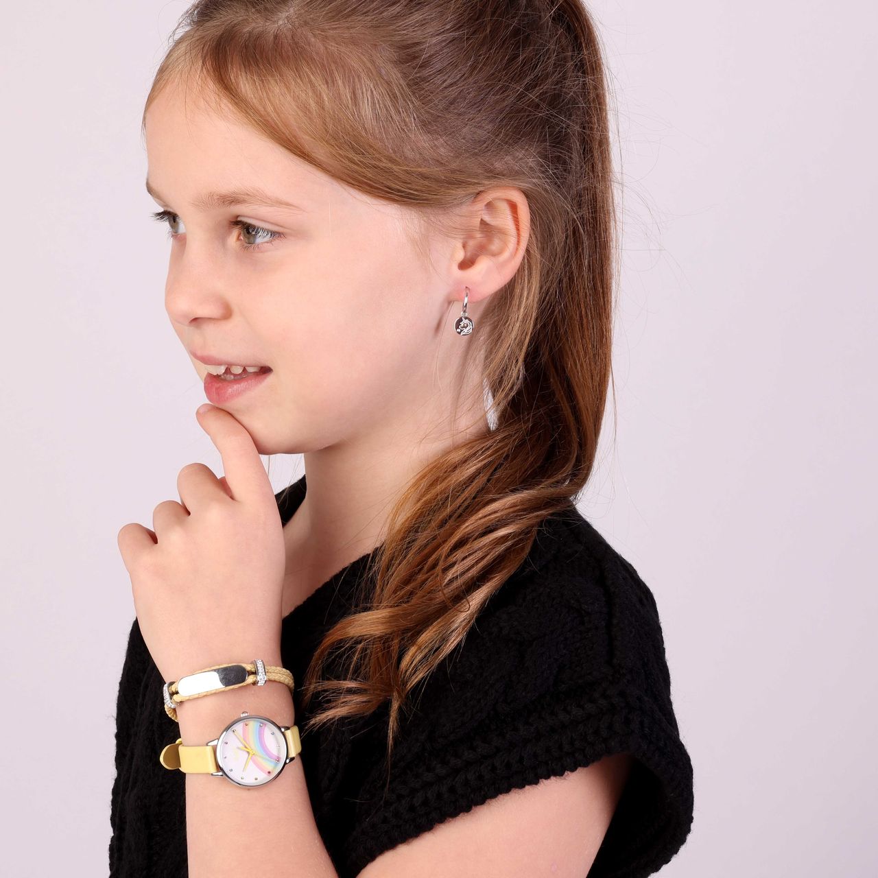 Gerecycled stalen kinderplaatarmband leer licht geel kristal