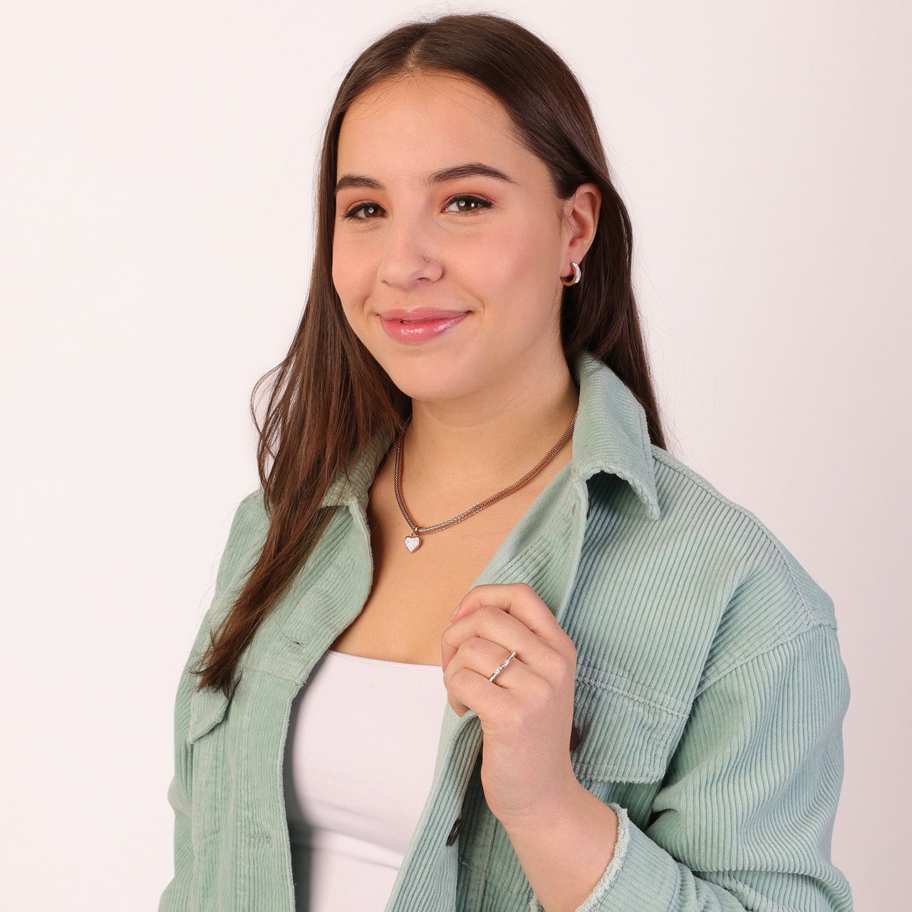 Gerecycleerd stalen roseplated mesh ketting met kristal hart