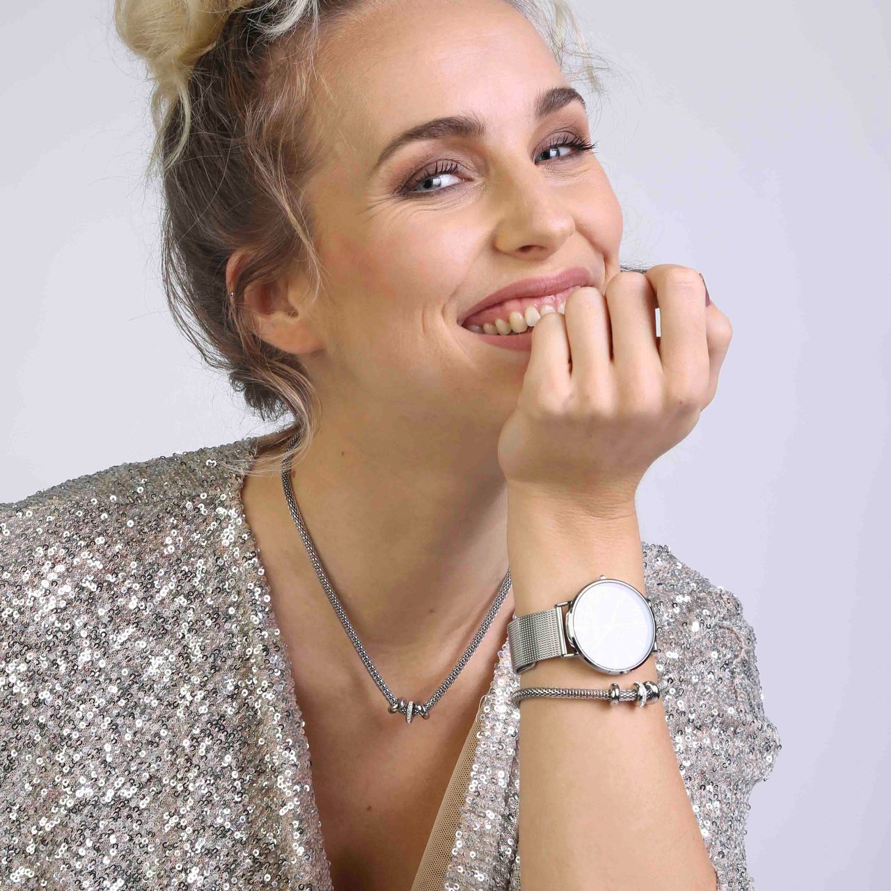 Gerecycled stainless steel ketting & armband 3ringen kristal