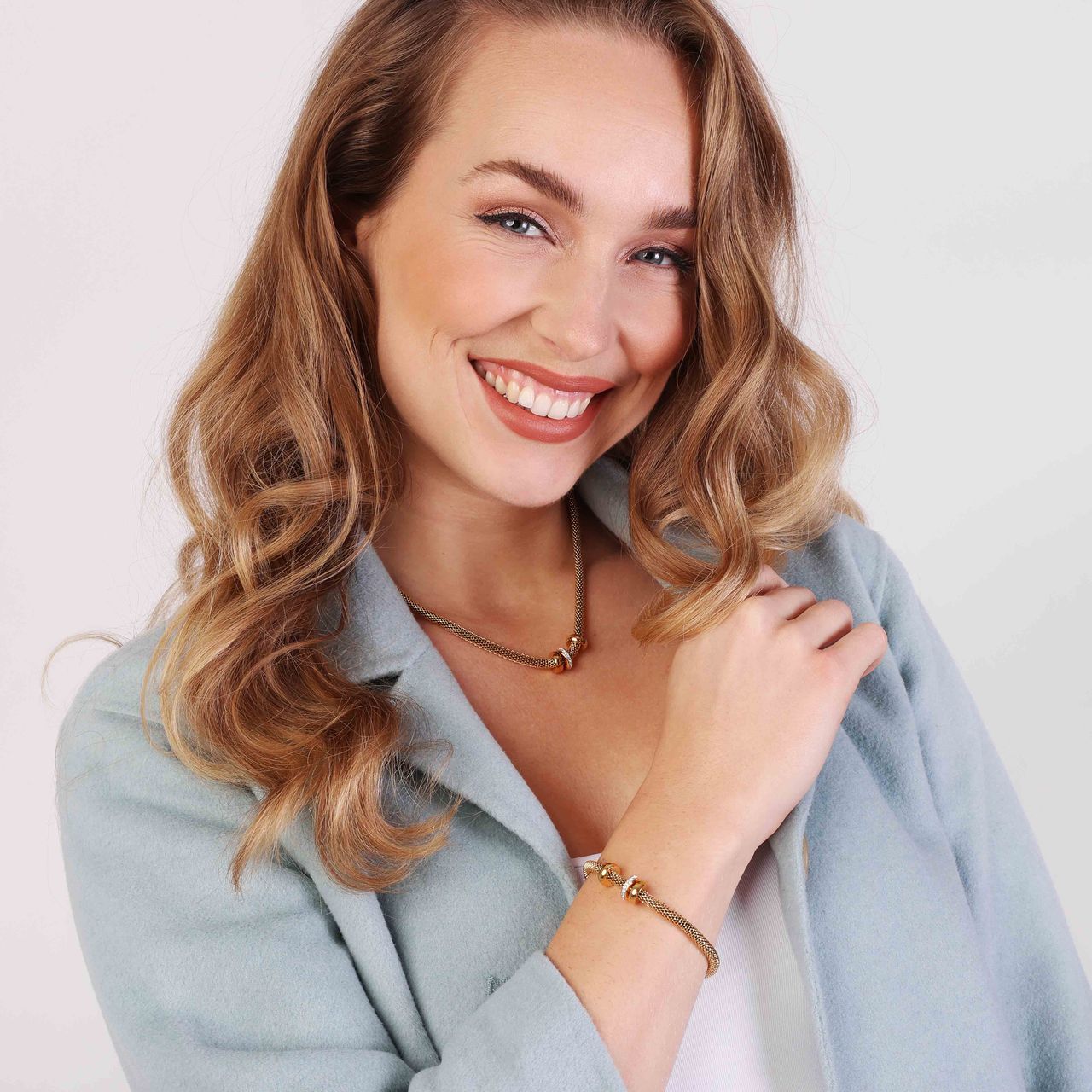 Gerecycleerd stalen goldplated ketting&armband 3ringen kristal