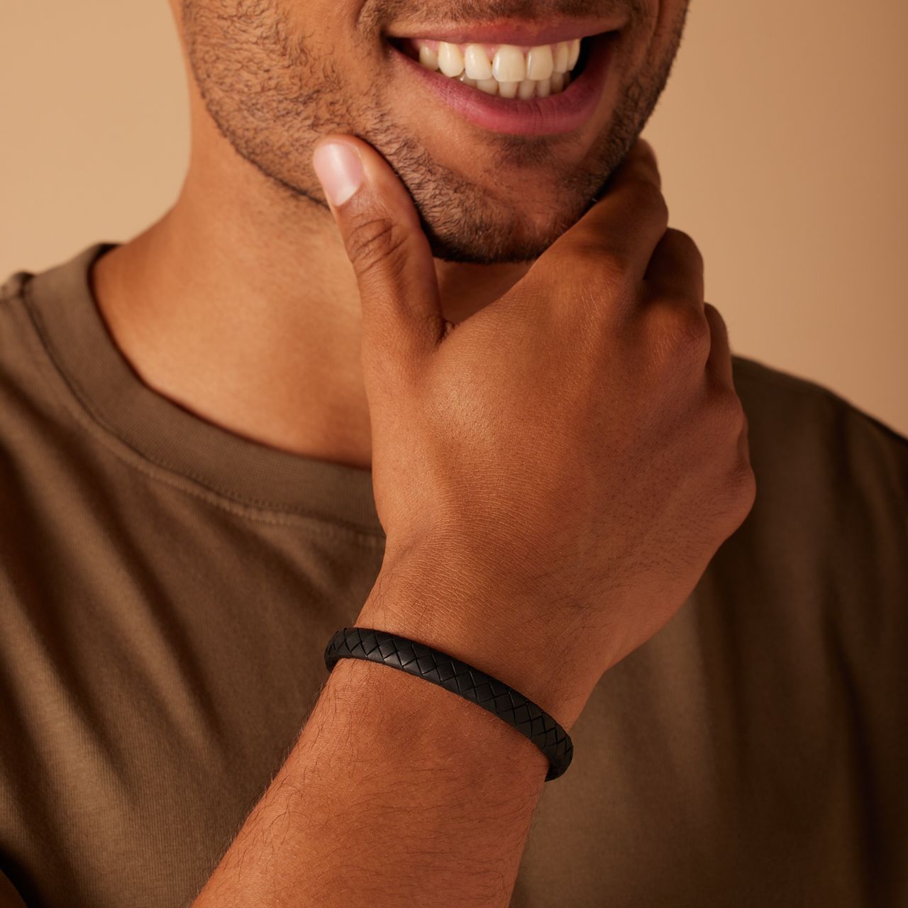 Herrenarmband, Edelstahl, geflochtenes Leder, schwarz