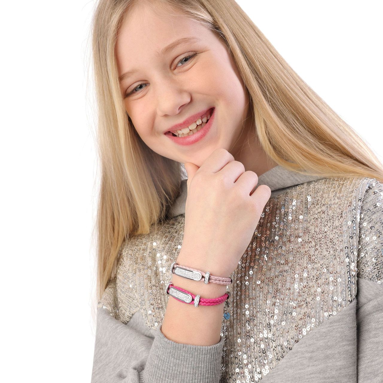 Gerecycled stalen kinderplaatarmband leer roze met kristal