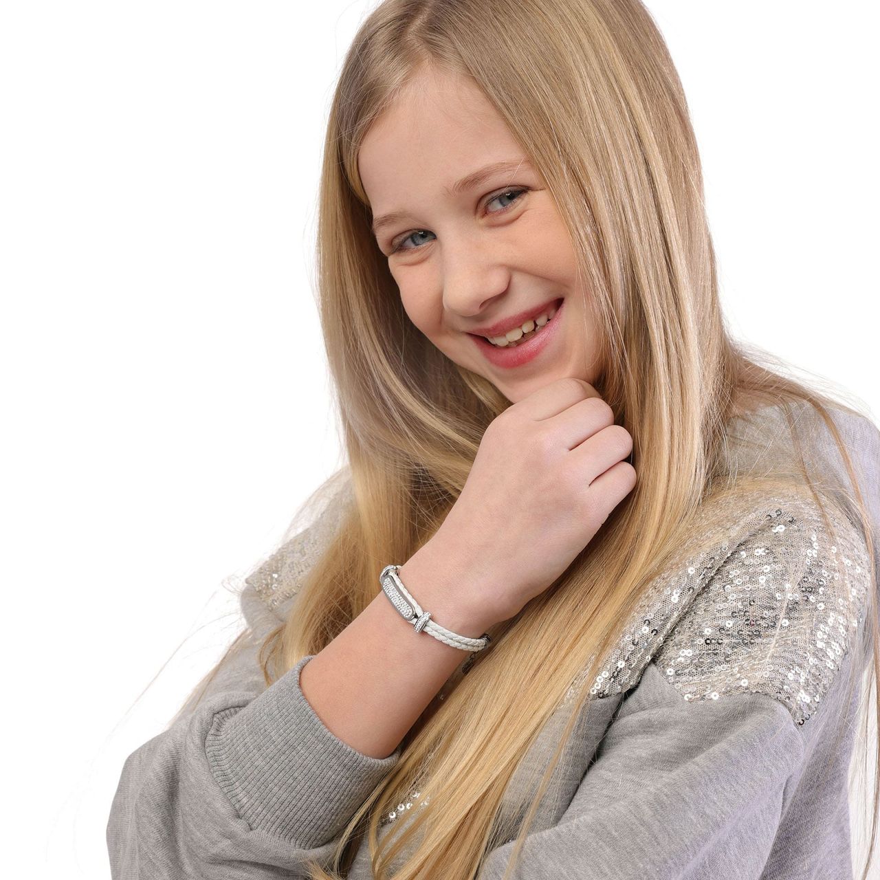 Gerecycled stalen kinderplaatarmband leer wit met kristal
