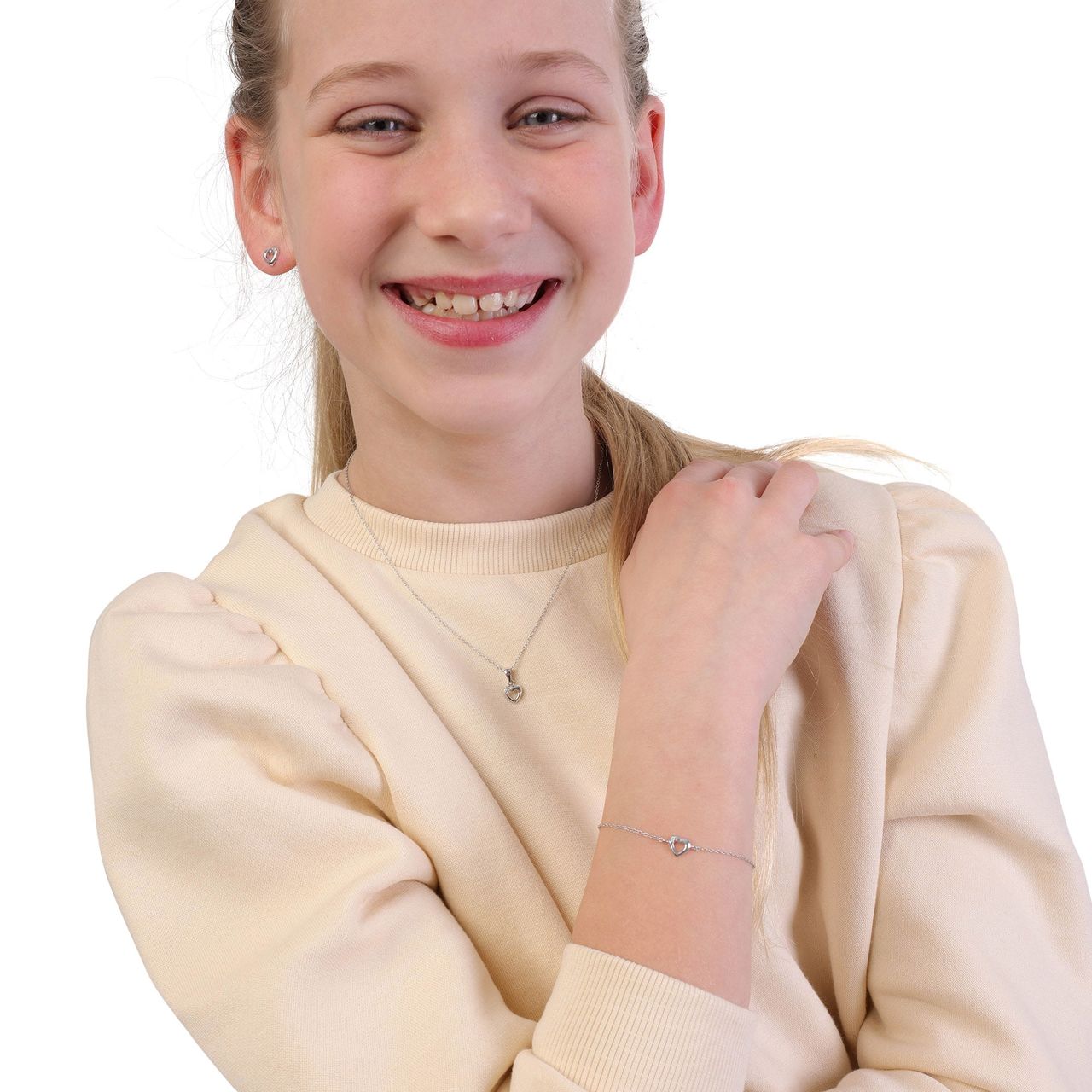 Silbernes Kinderarmband, offenes Herz mit Zirkonia