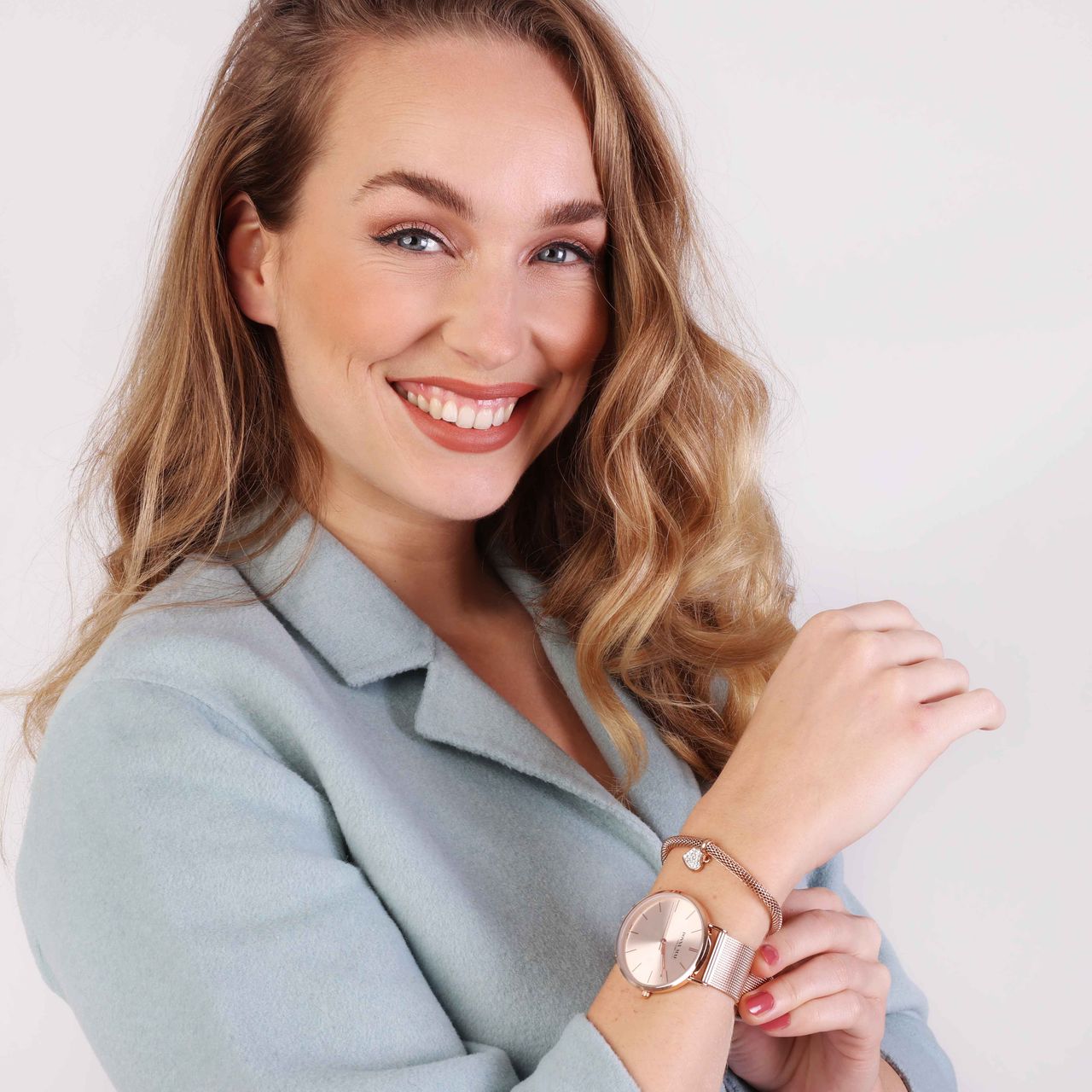 Stalen roséplated cadeauset met horloge met kristal voor dames