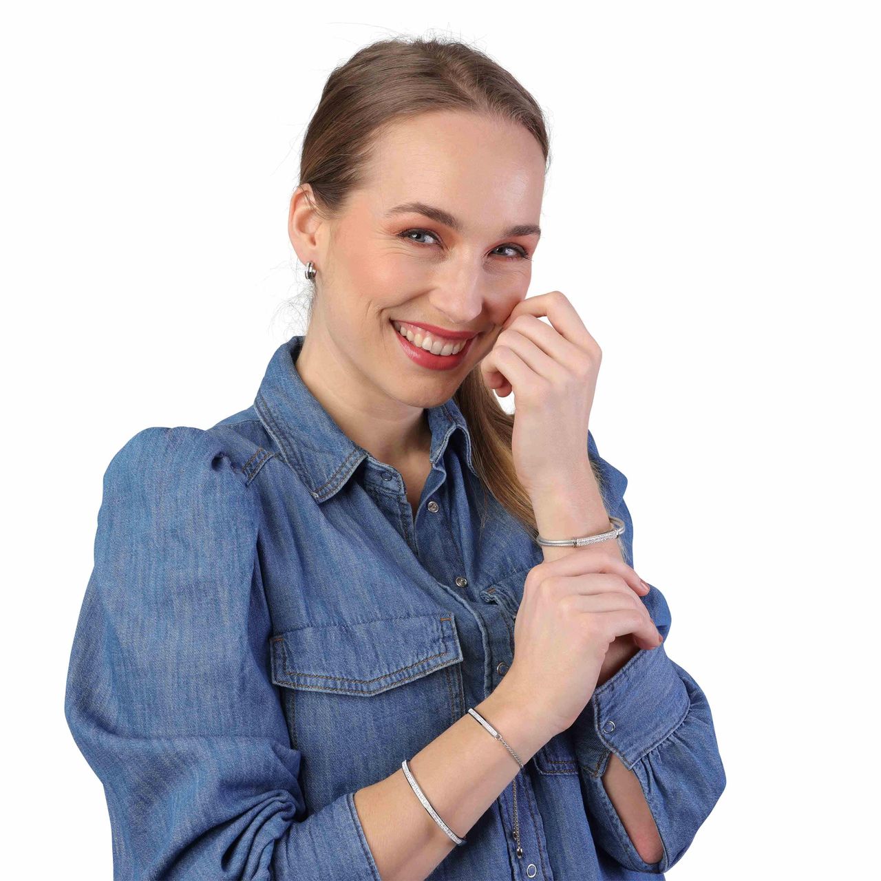 Gerecycleerd stalen armband leer zilverkleur met wit kristal