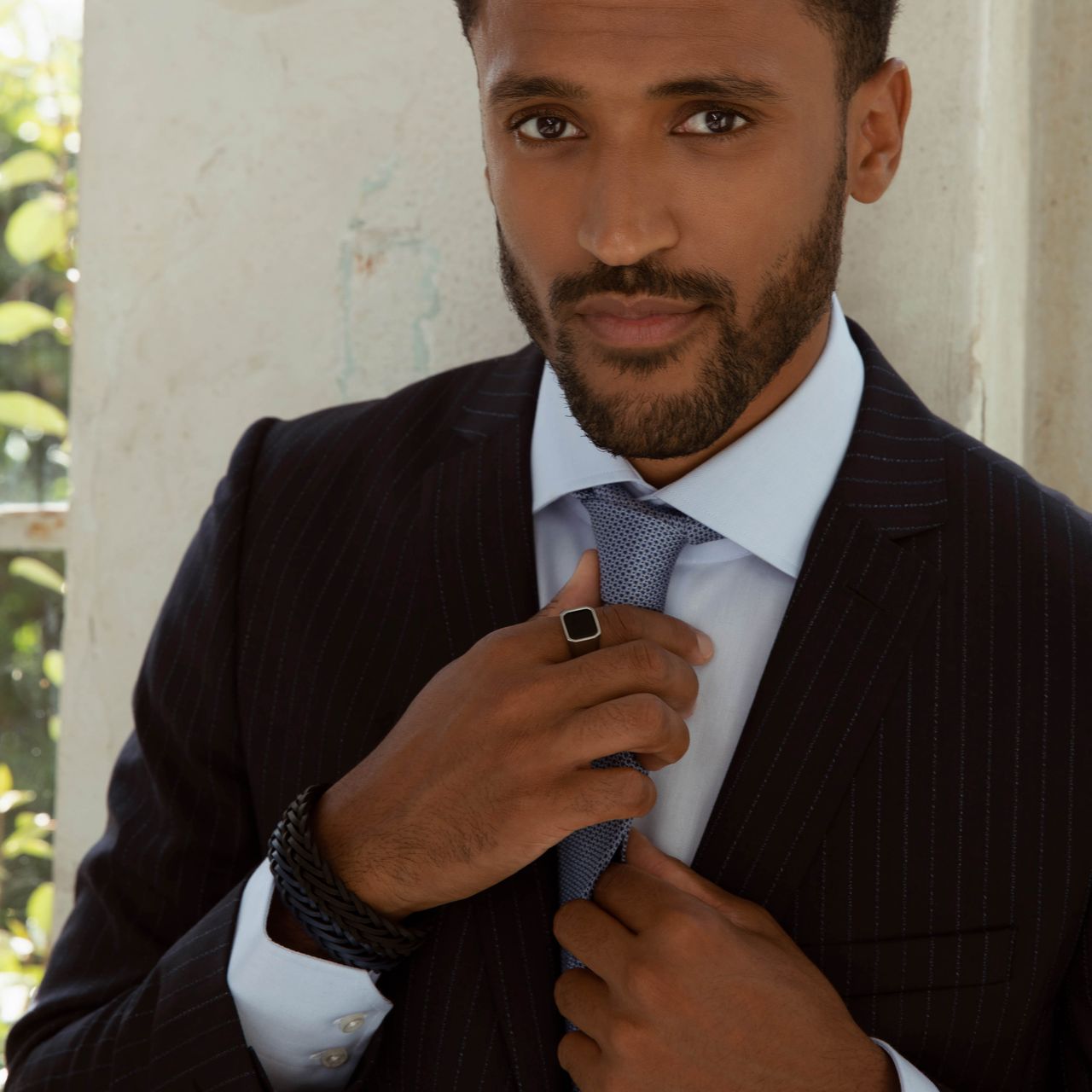 Gerecycled stainless steel heren zegelring met black agate