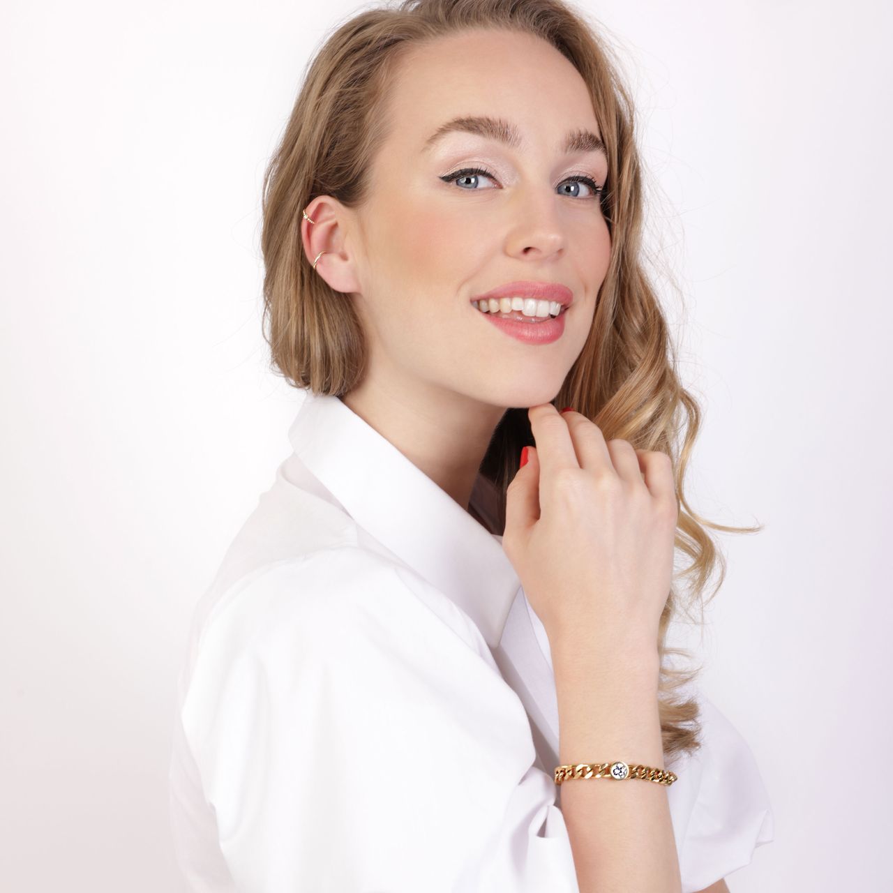 Stalen goldplated schakelarmband met zirkonia voor dames