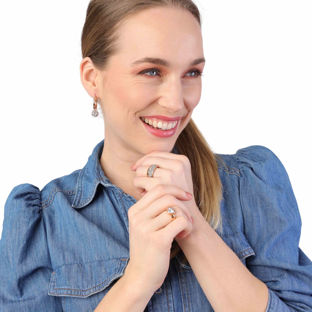 Stalen roséplated oorringen met hanger met zirkonia voor dames