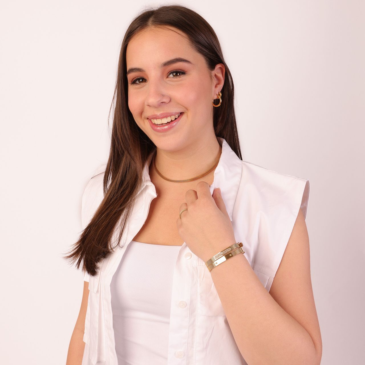 Stalen armband goldplated mesh riem met kristal
