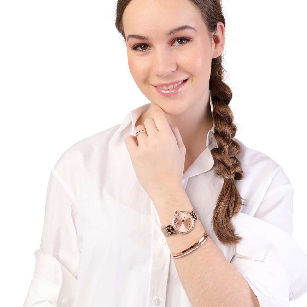 Stainless steel ring roseplated 2rij met kristal