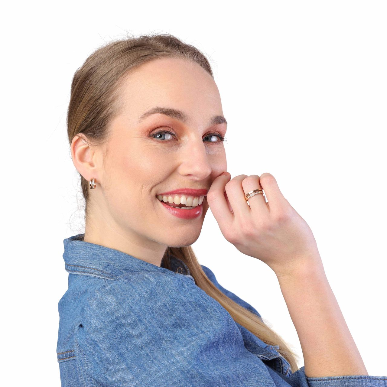 Stalen roséplated oorringen light peach kristal voor dames