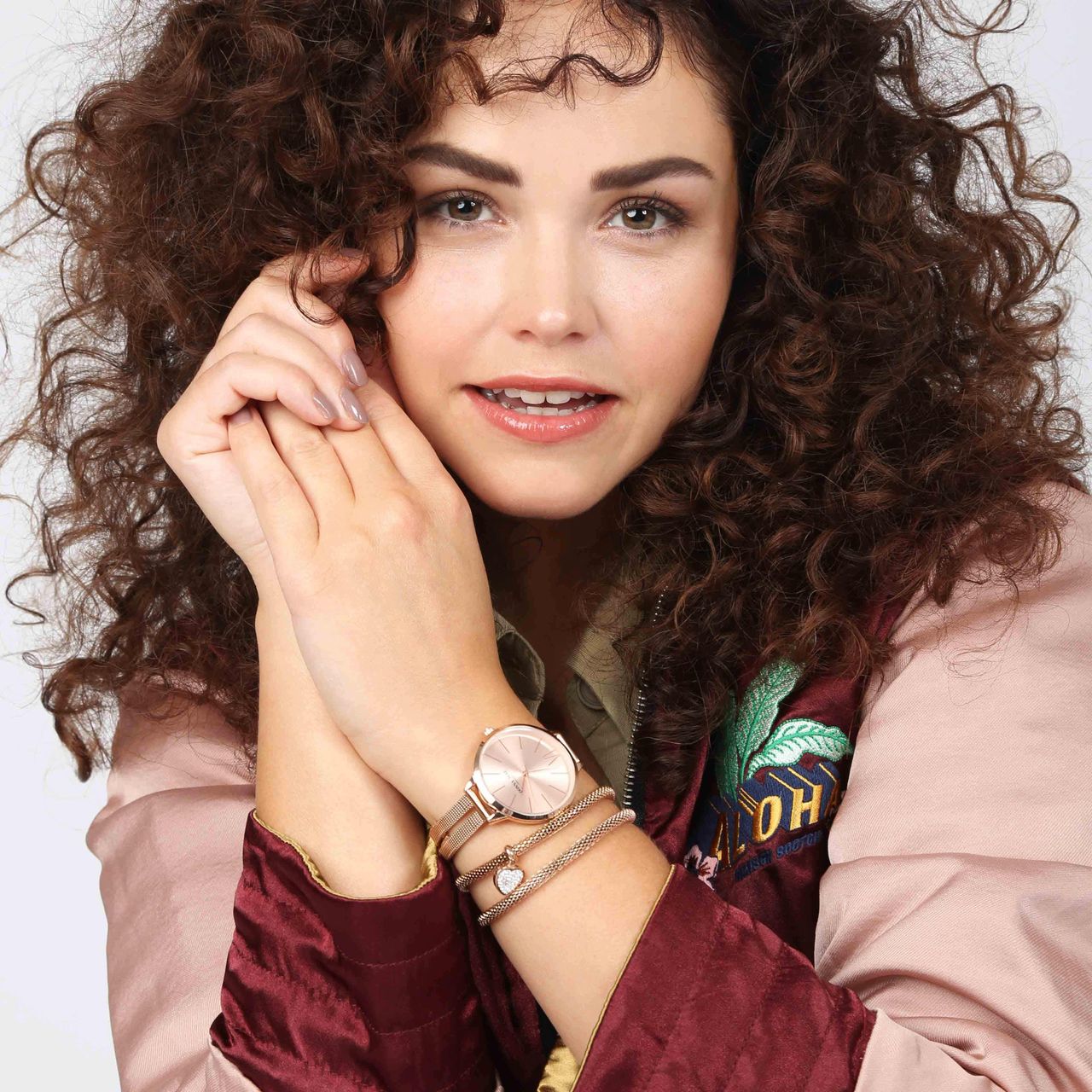 Stainless steel roséplated fantasiearmband met hanger hart met kristal voor dames