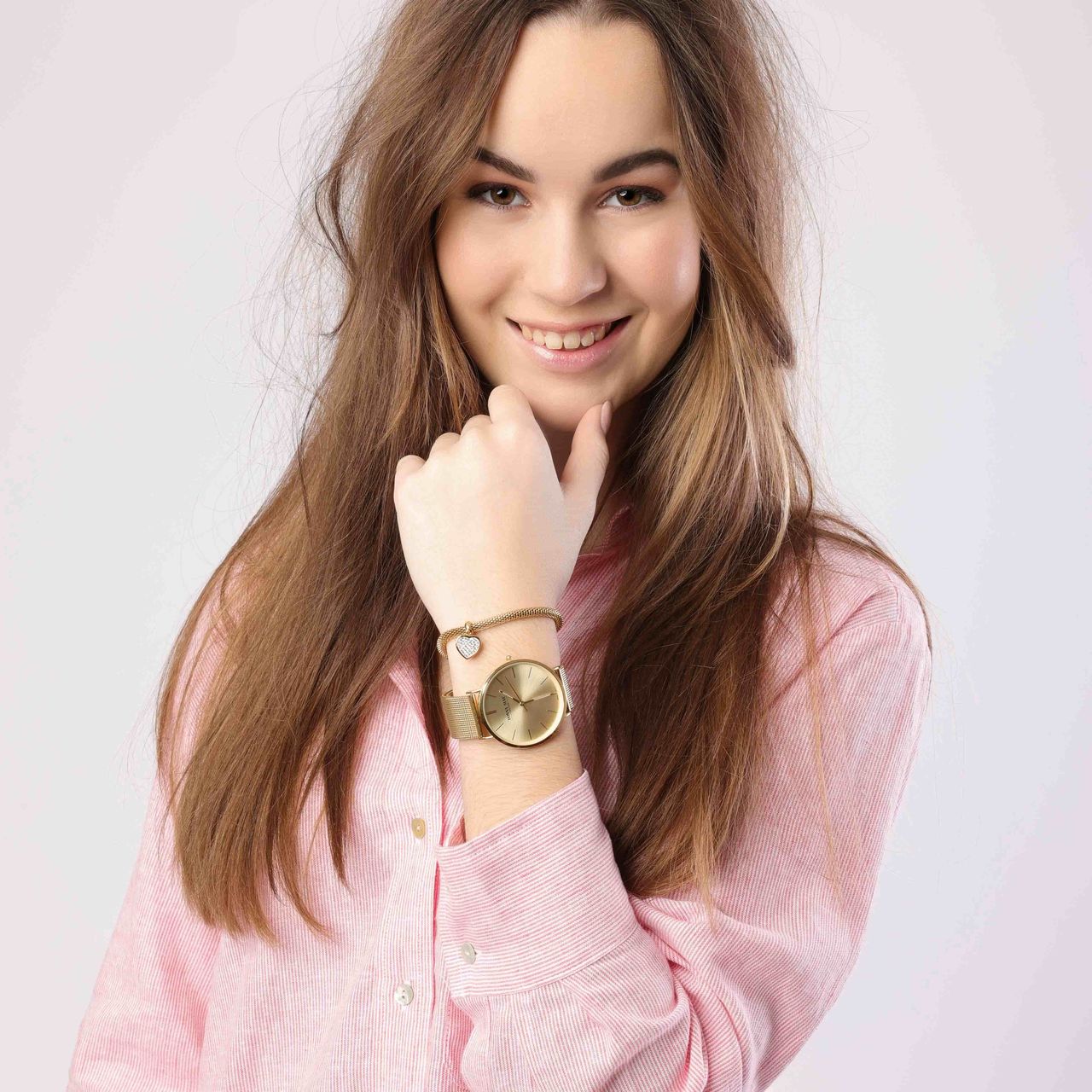 Stainless steel goldplated fantasiearmband met hanger hart met kristal voor dames