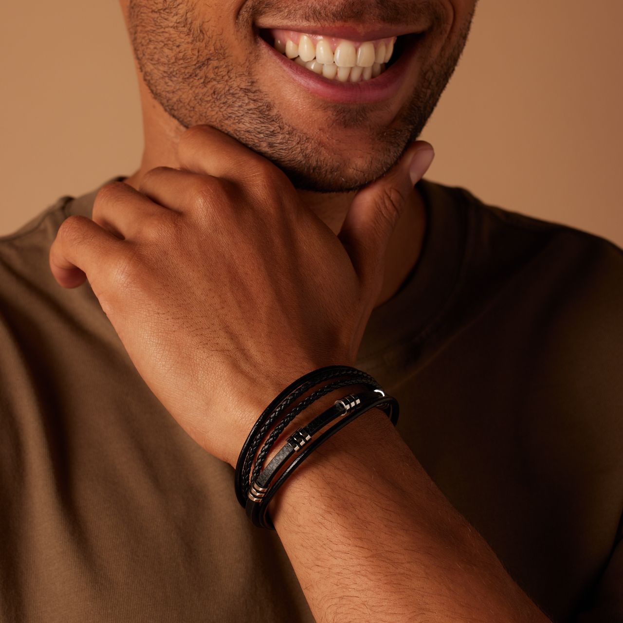 Armband, Edelstahl, Kettenglied, schwarzes Leder