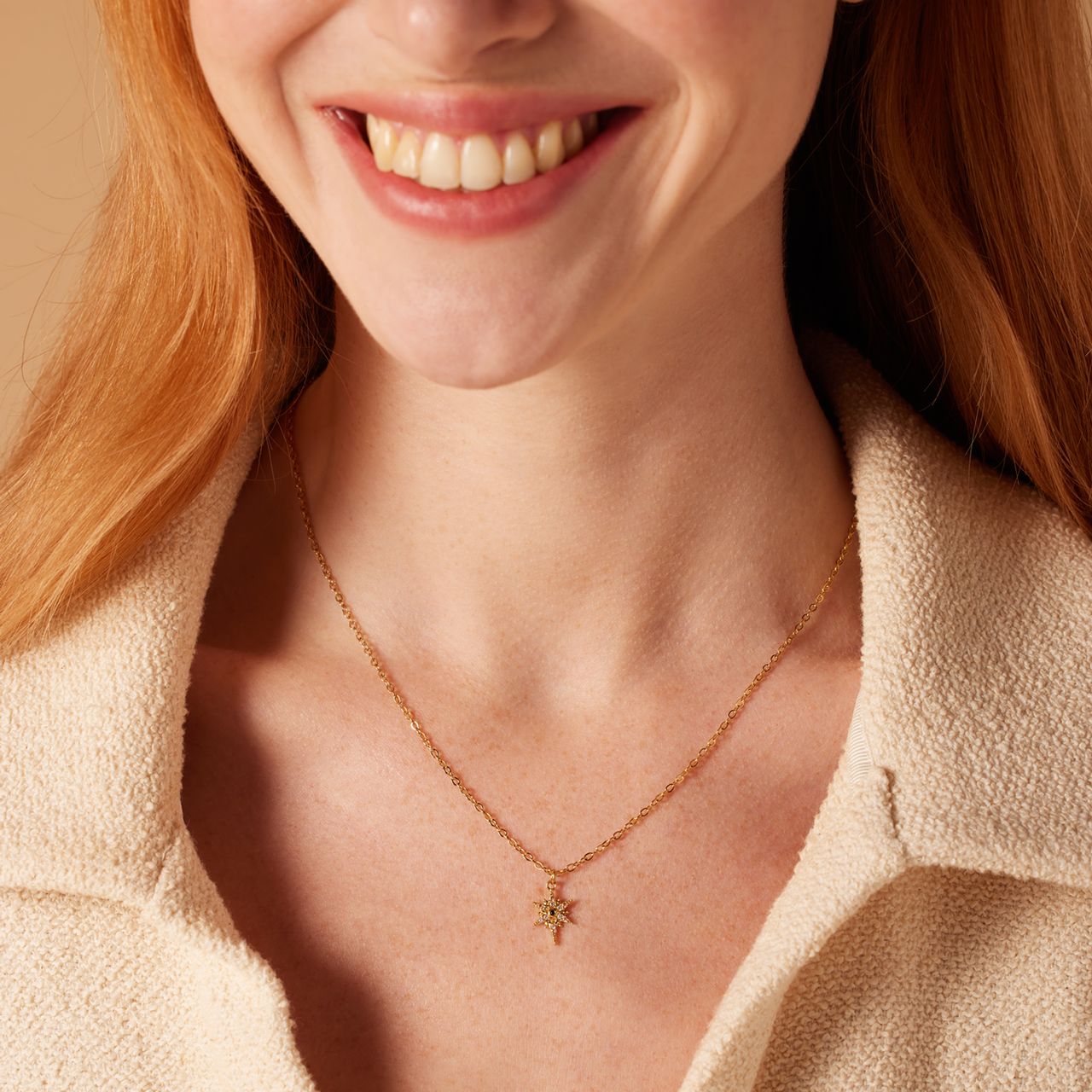 Stainless steel goldplated ketting met hanger ster met zirkonia voor dames