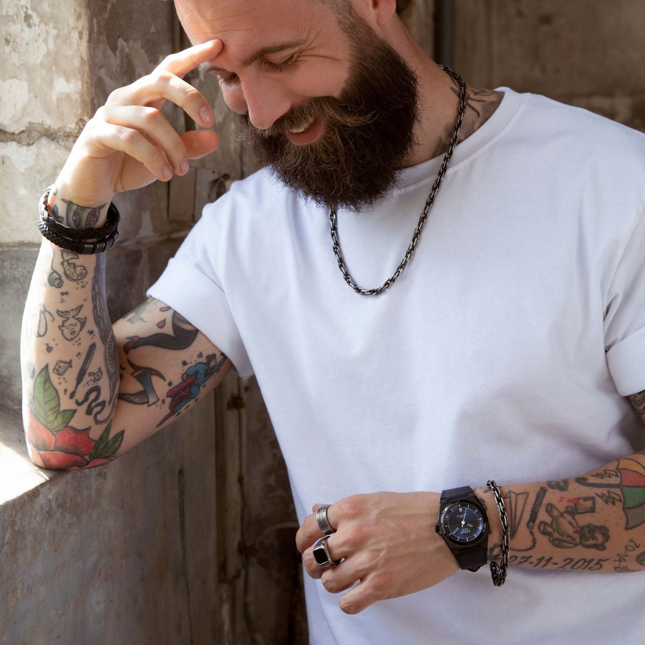 Gerecycled stainless steel heren zegelring bewerkt met black agate