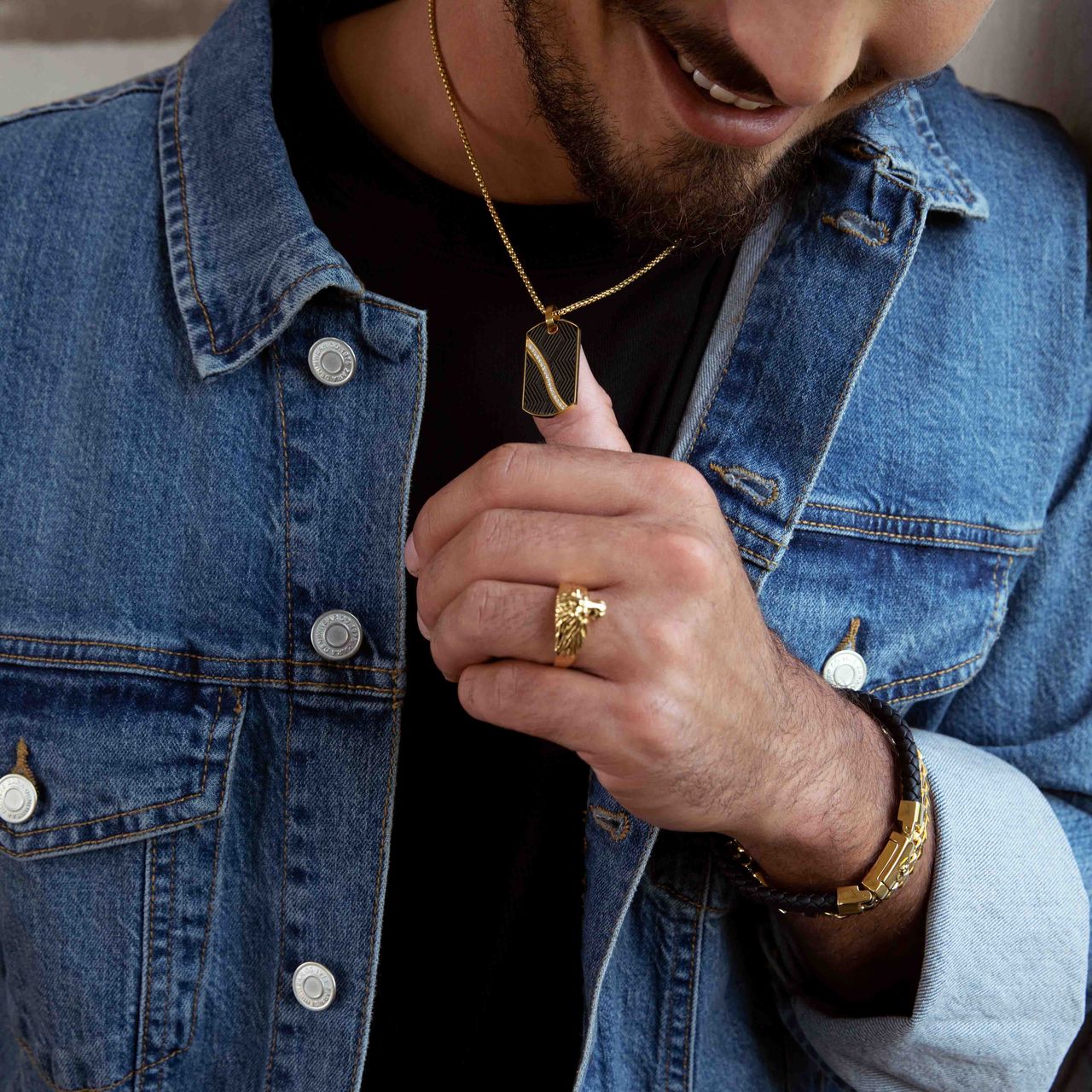 Gerecycled stainless steel herenketting goldplated met hanger met zirkonia