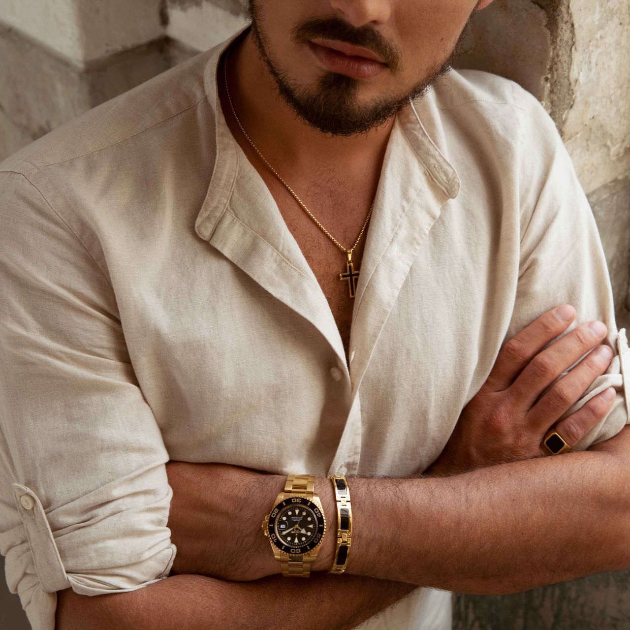 Stalen goldplated herenschakelarmband