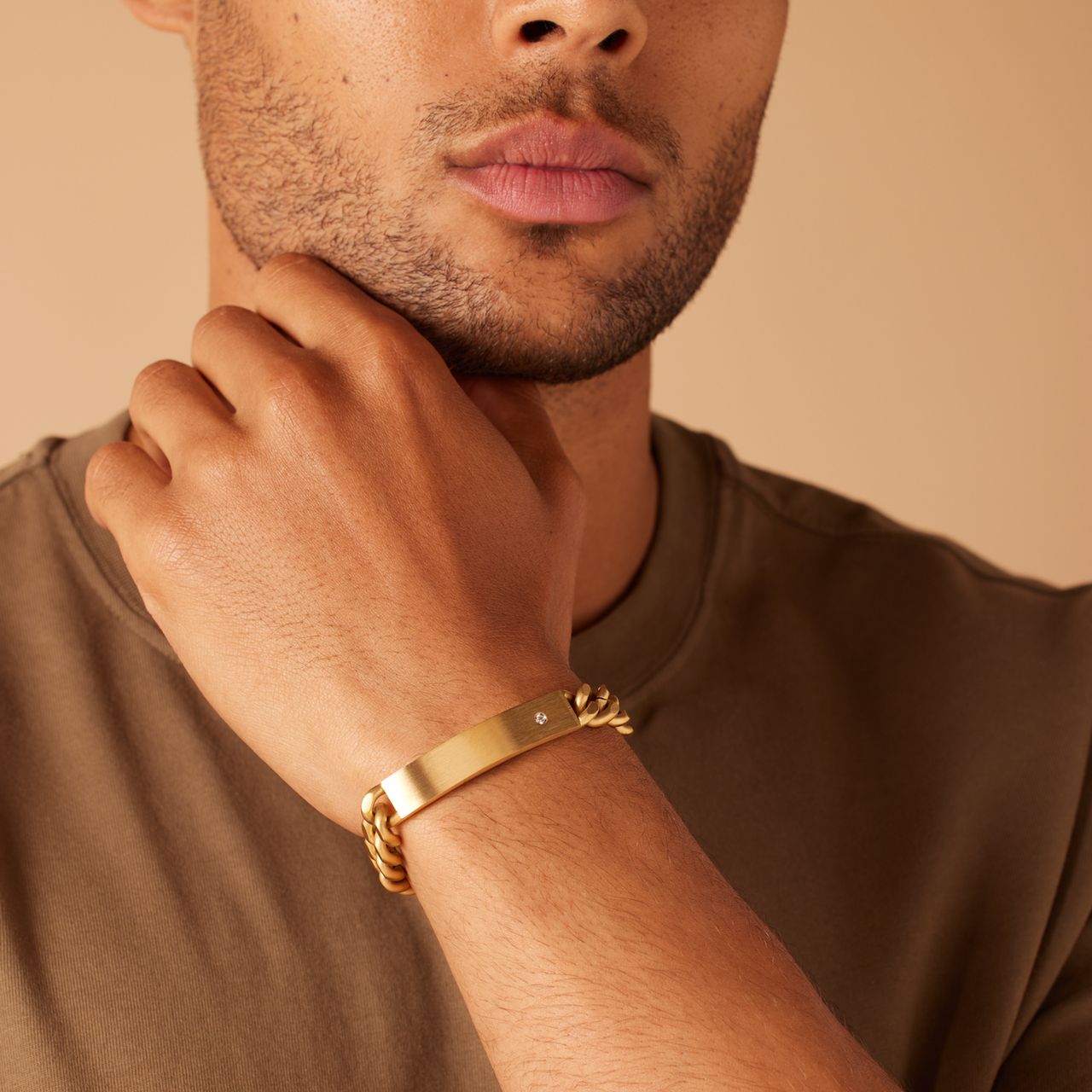 Plattenarmband, Edelstahl, vergoldet, Gourmetglied mit Zirkonia