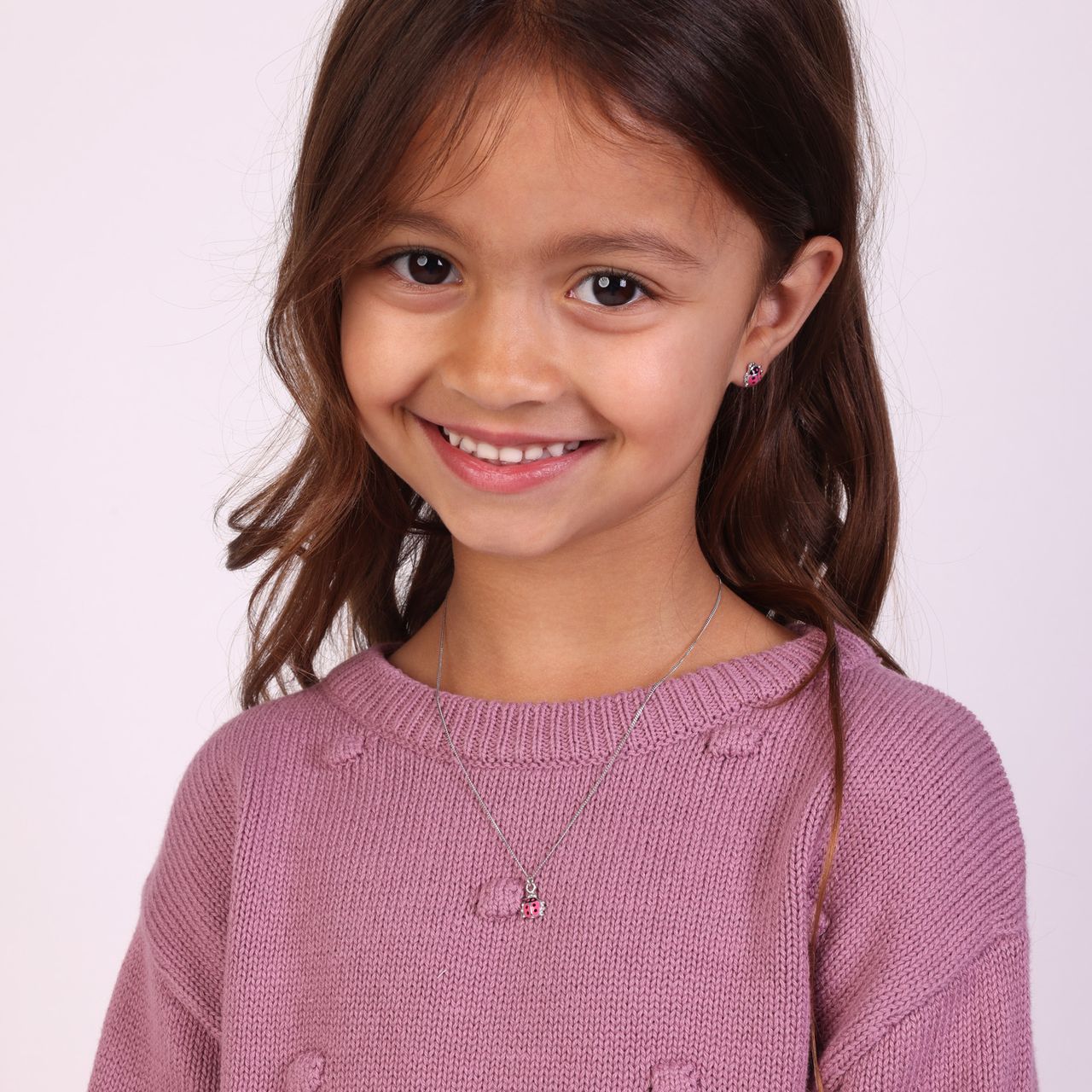 Zilveren kinderketting roze lieveheersbeestje
