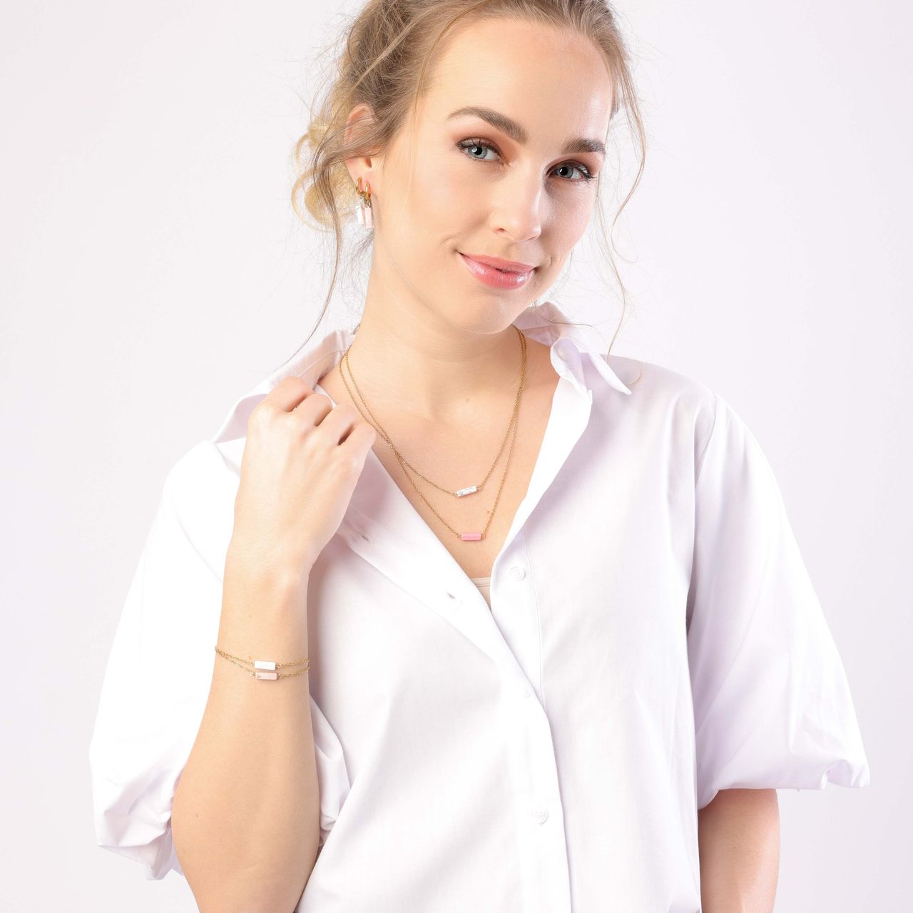 Stainless steel goldplated ketting met hanger met pink opaal voor dames