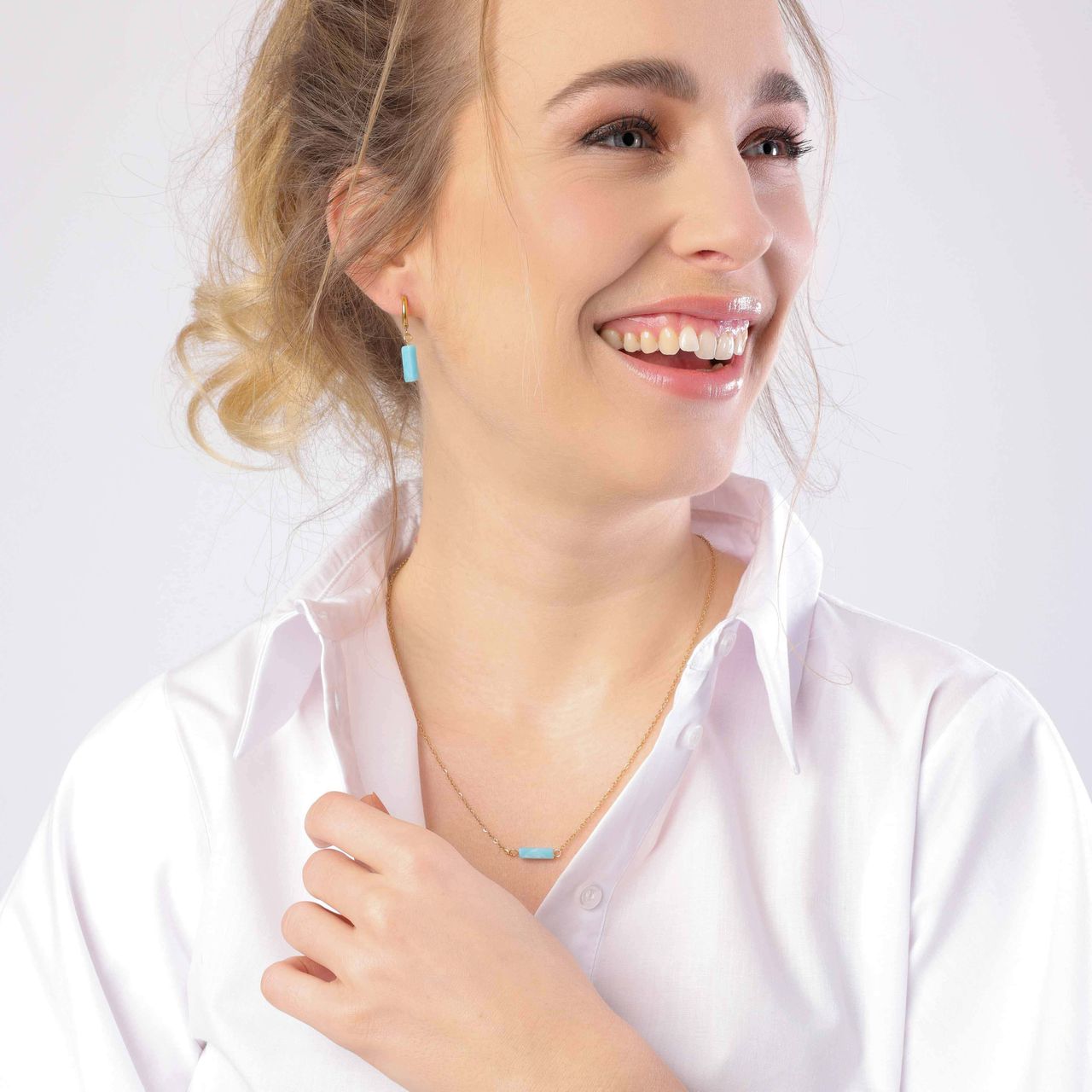 Stainless steel goldplated oorringen voor met hanger met aquamarijn dames