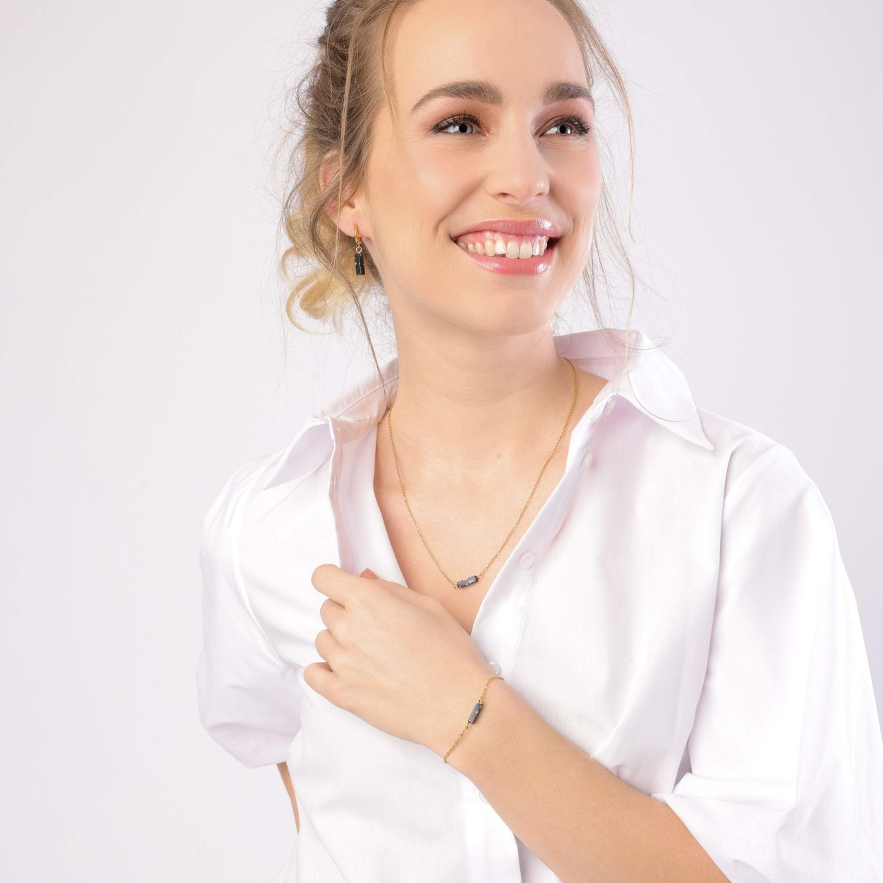 Stalen goldplated ketting met hanger met black jasper voor dames