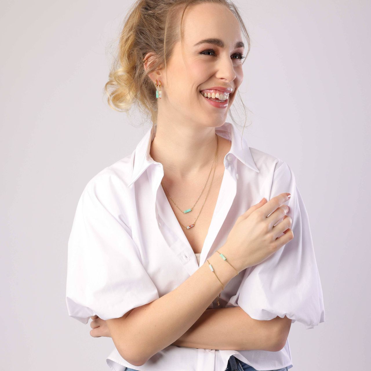 Stainless steel goldplated oorringen met hangerturquoise voor dames