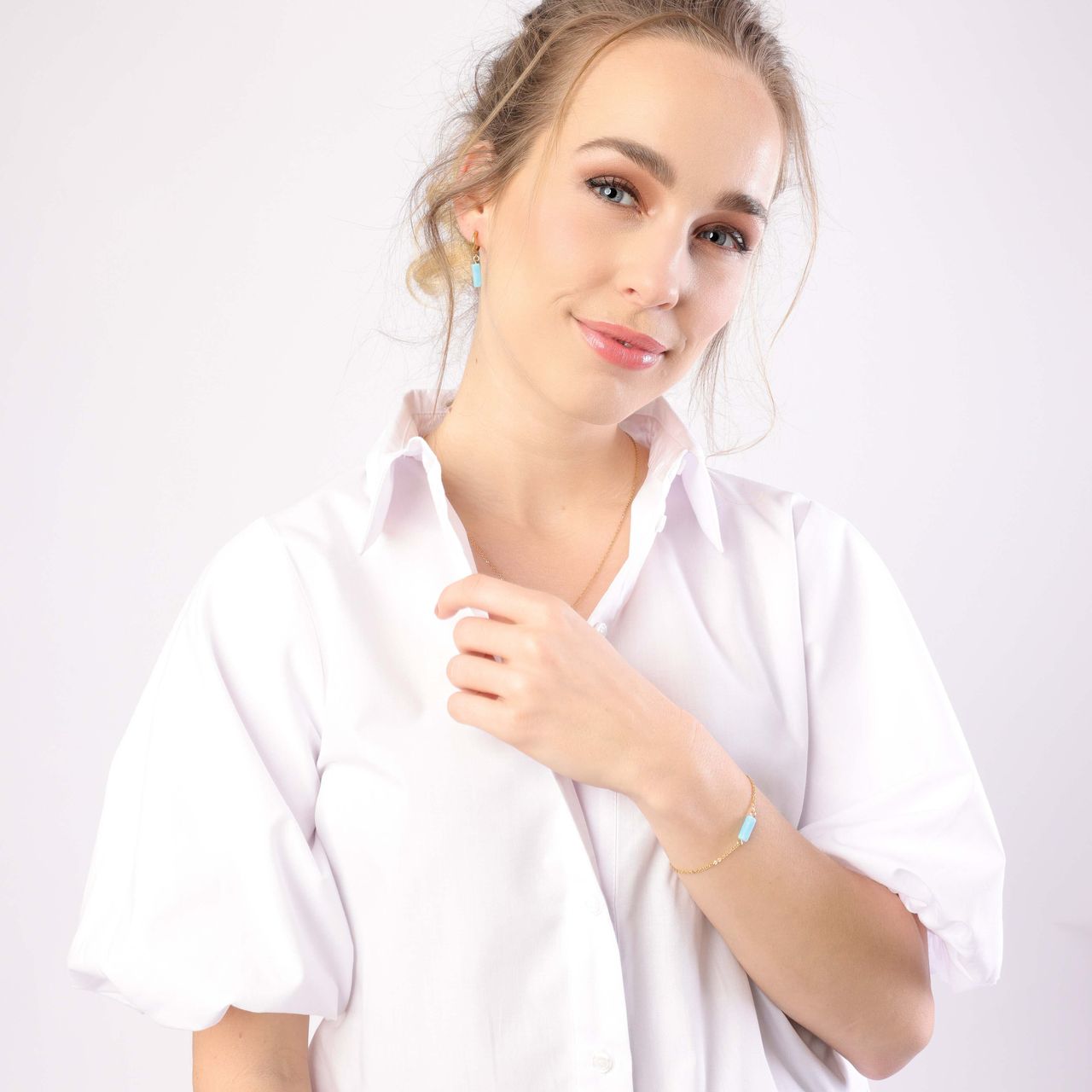Stalen goldplated fantasiearmband met hanger met aquamarine voor dames