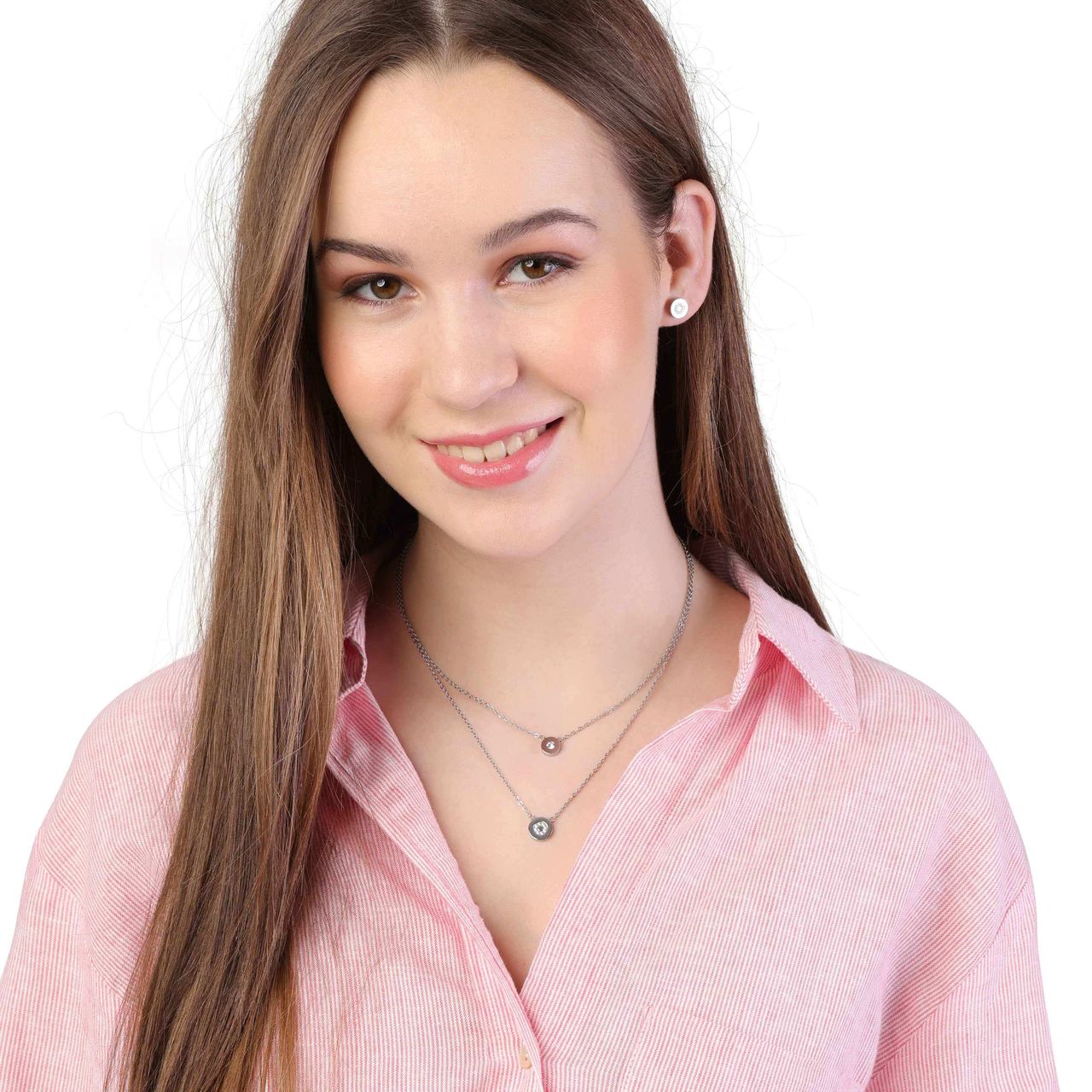 Stalen ketting met ronde hanger en steentjes