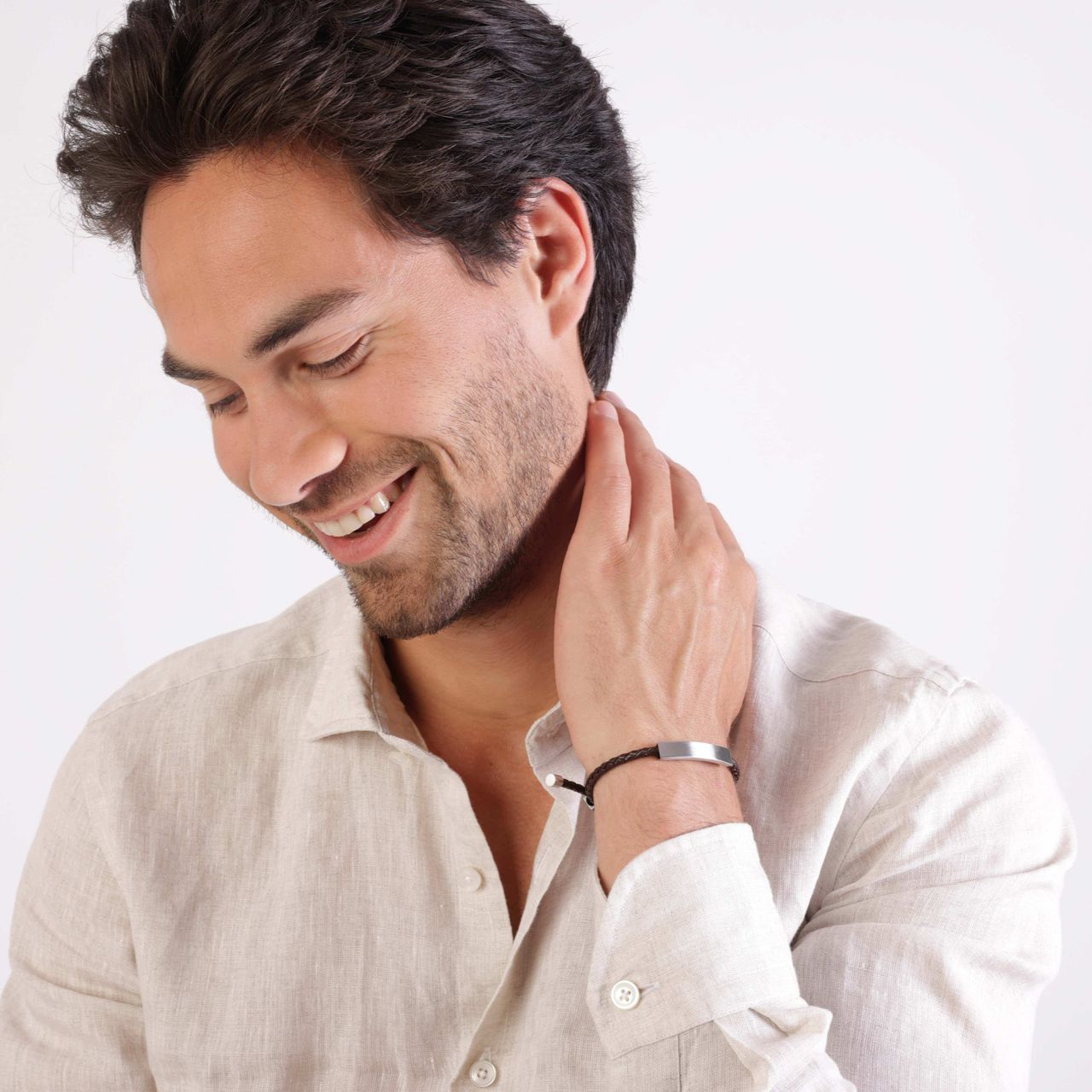 Plattenarmband für Herren, Edelstahl matt, braun