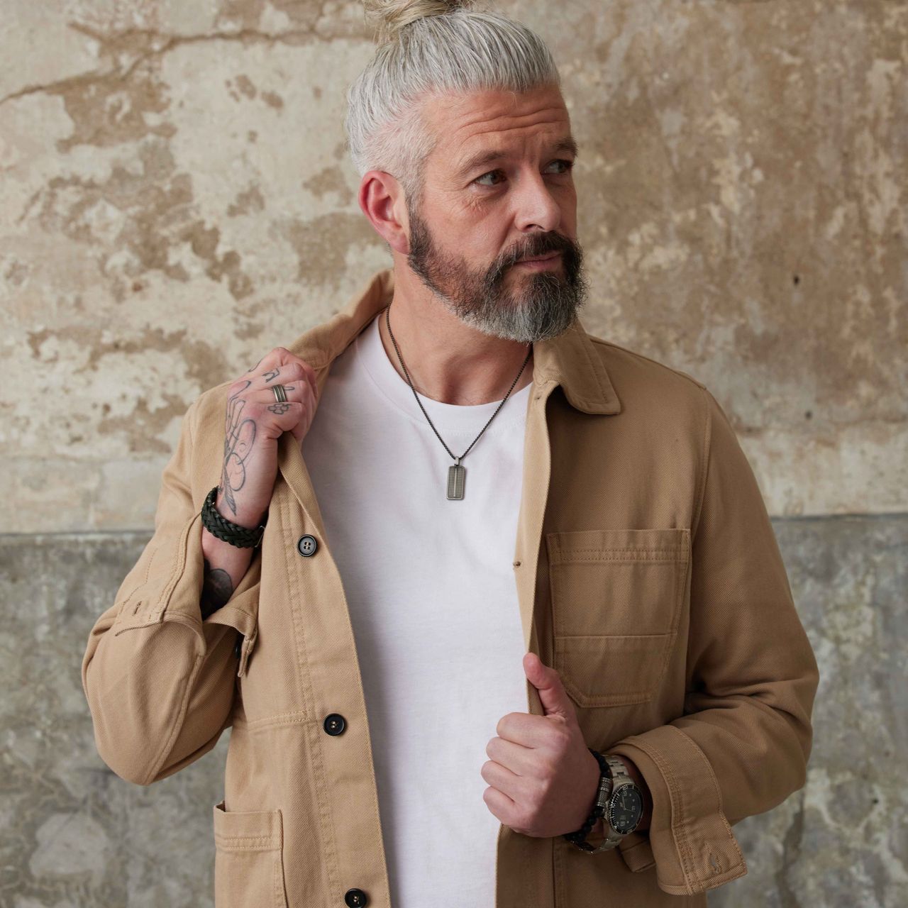 Gerecycled stainless steel herenring met patroon