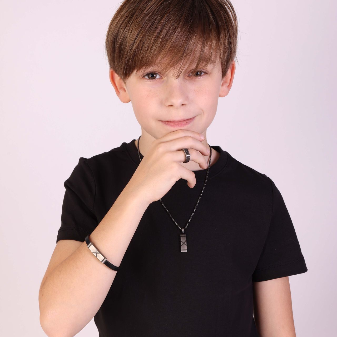 Plattenarmband für Jungen, Edelstahl, mit schwarzem Leder