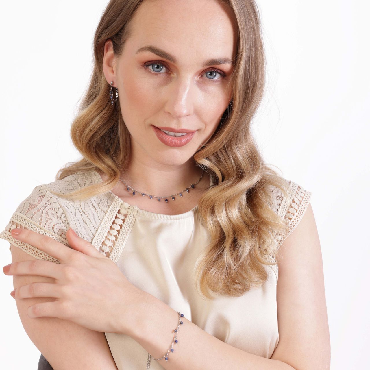 Stainless steel armband met blauwadersteen