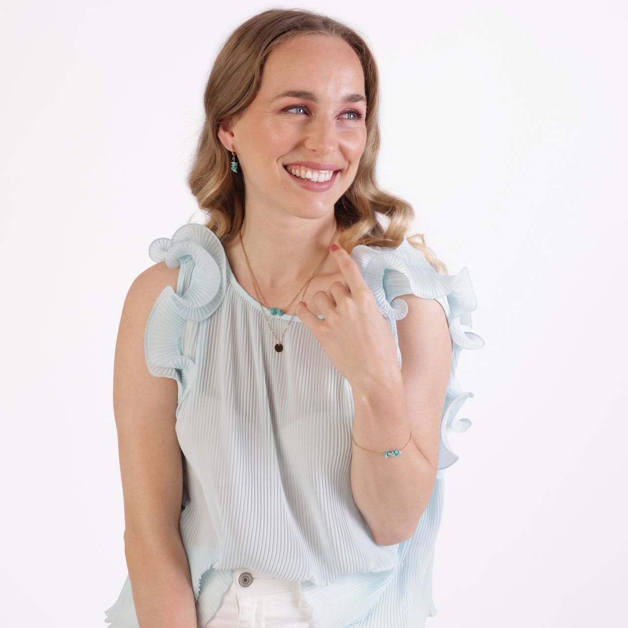 Stalen goldplated ketting met munt met turquoise voor dames
