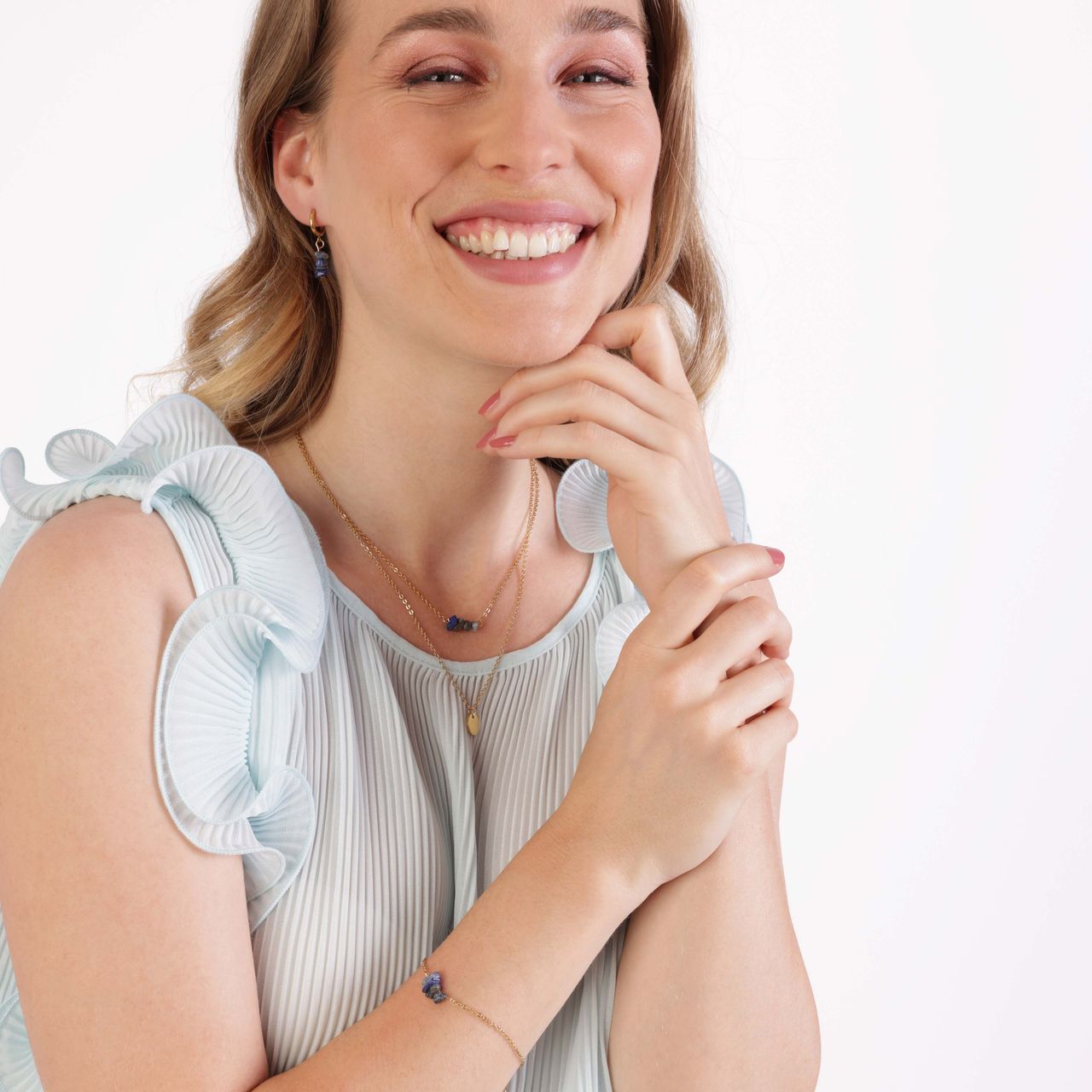 Stainless steel goldplated ketting met munt met lapis lazuli voor dames