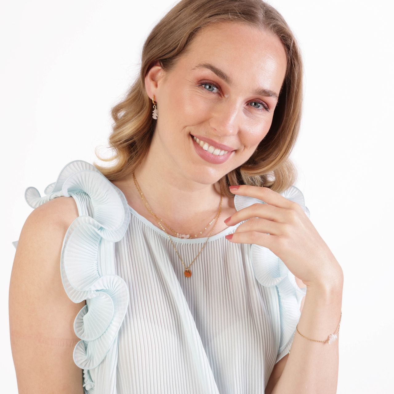 Stalen goldplated fantasiearmband met rozenkwarts voor dames