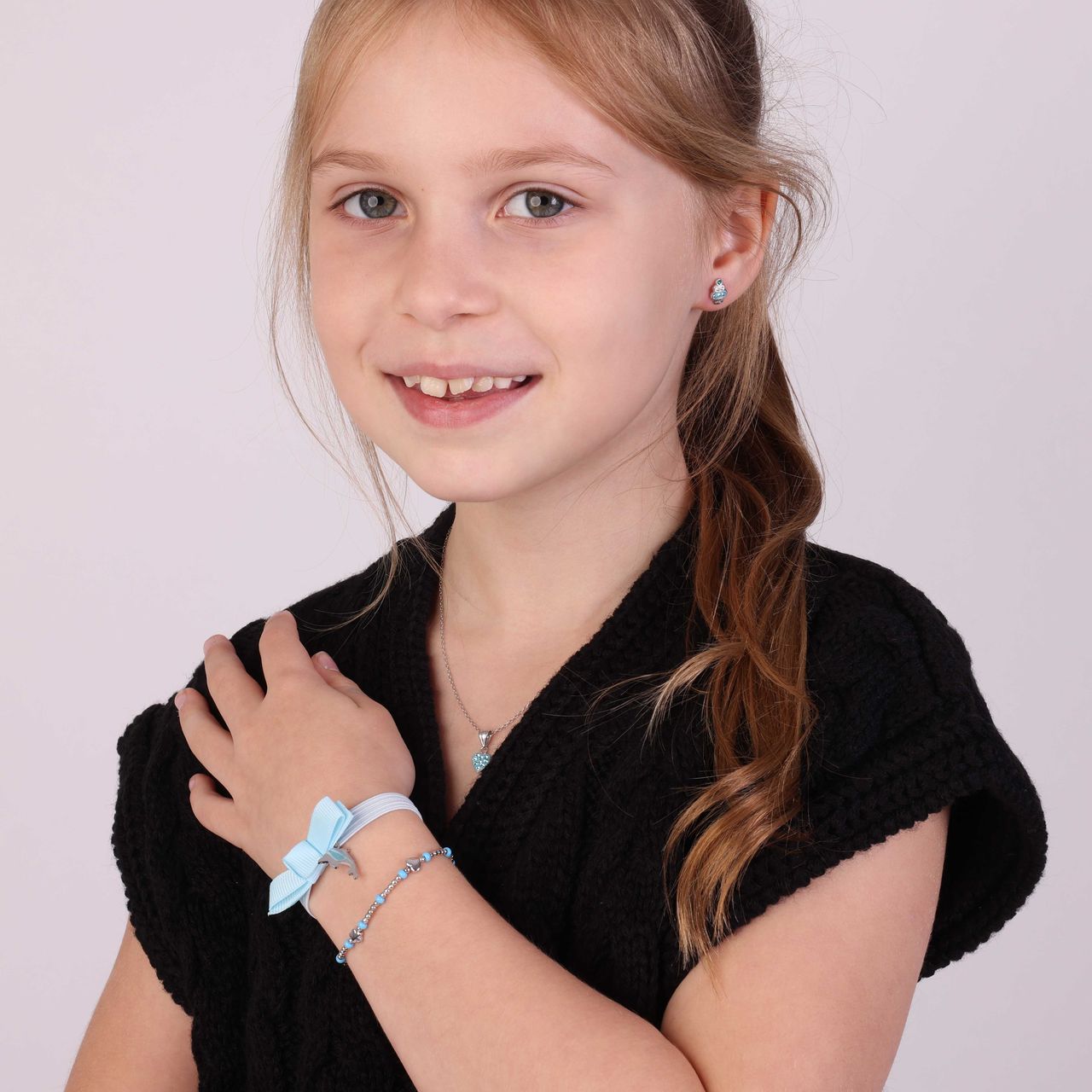 Kinderarmband, 925 Silber, Stern, Herz, Blume, blau
