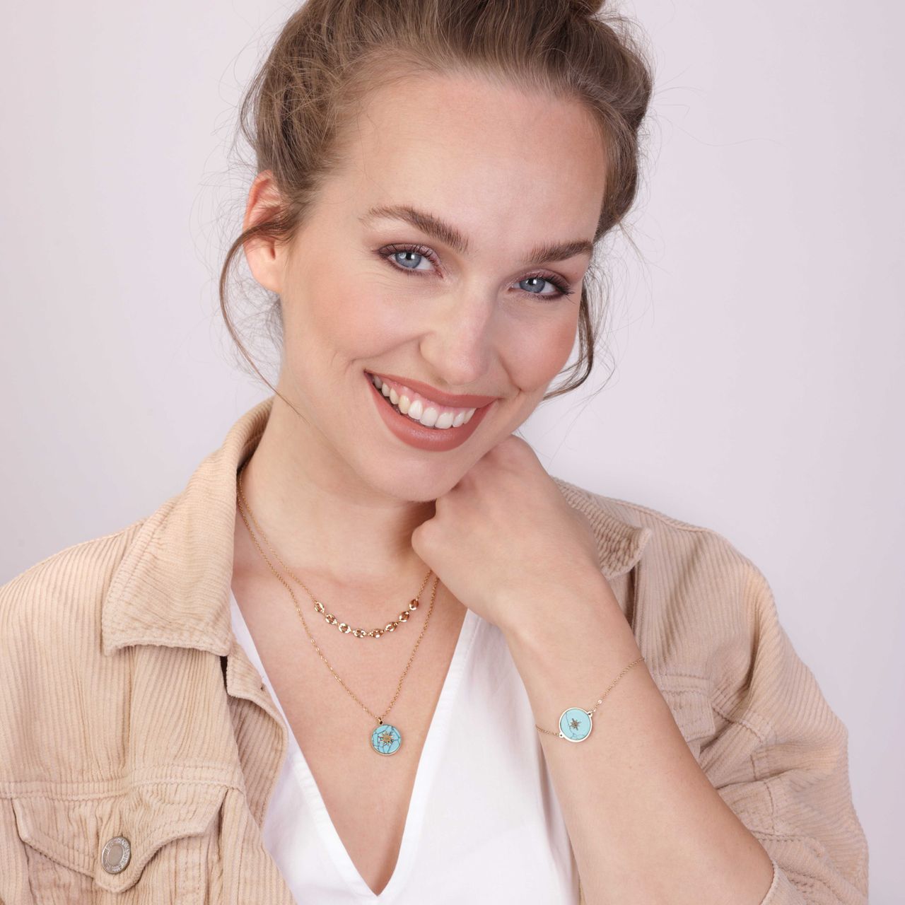 Stainless steel goldplated fantasiearmband met hanger met natuursteen voor dames