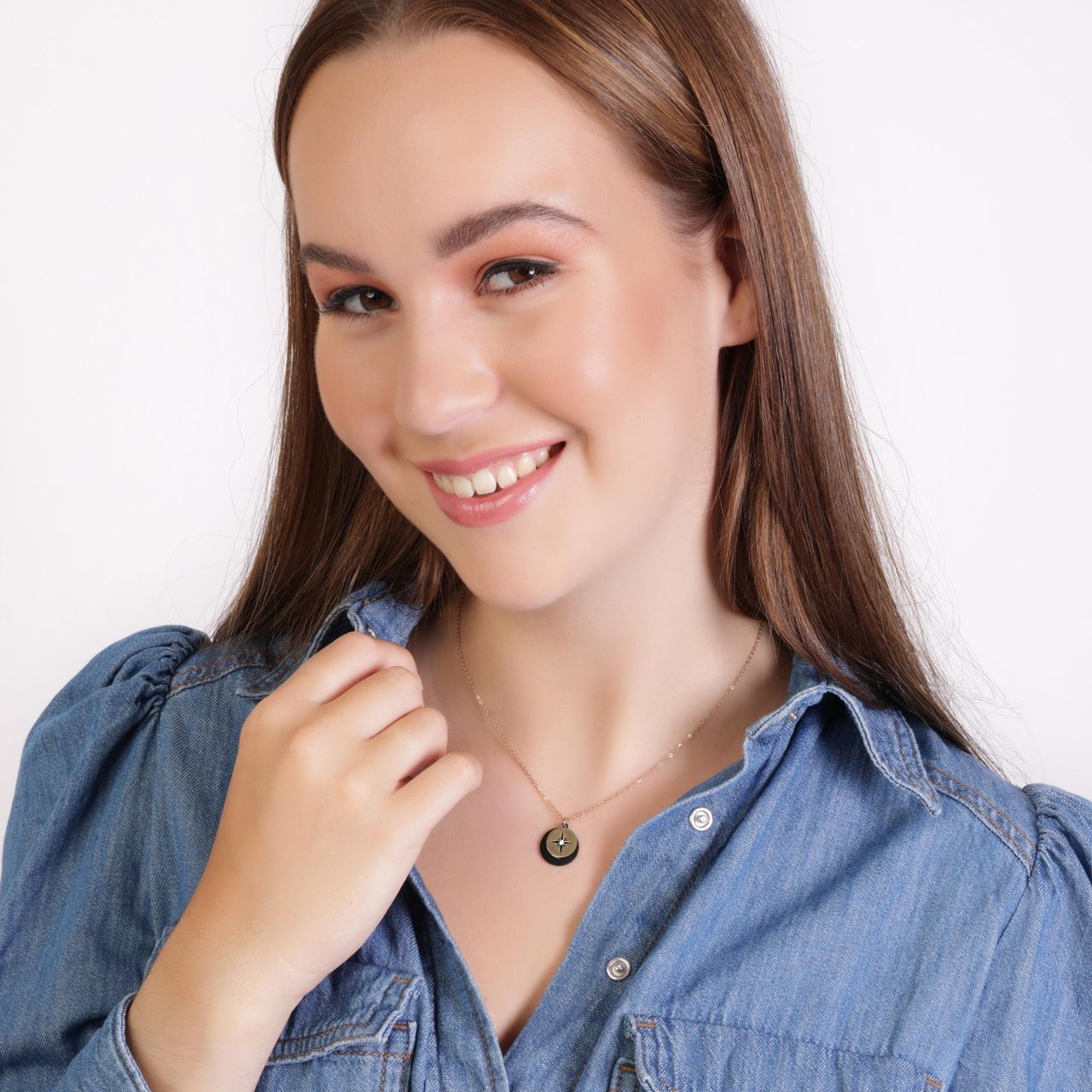 Stainless steel goldplated ketting met hanger munt met zirkonia voor dames