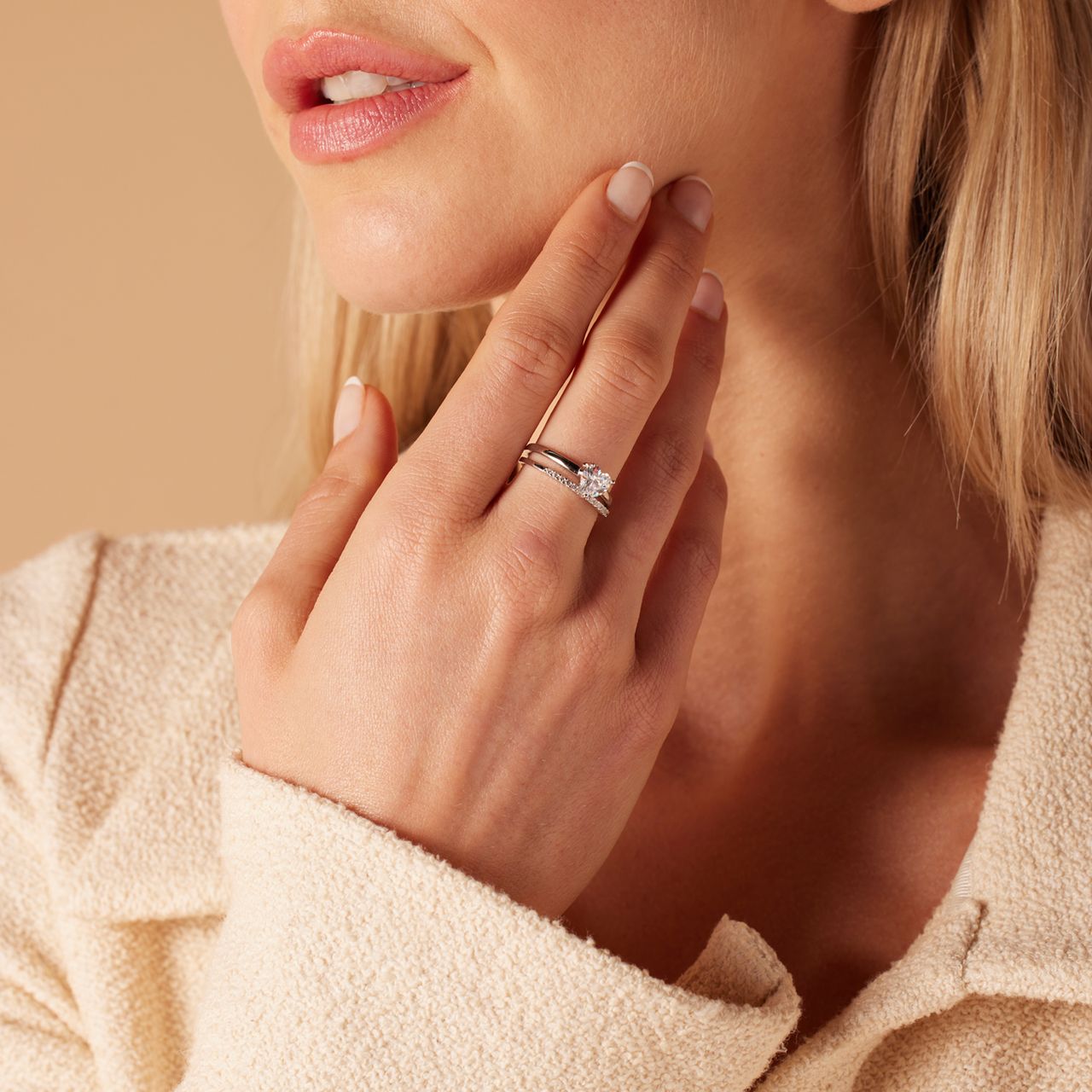 Doppelring, 925 Silber, mit Zirkonia, Herz