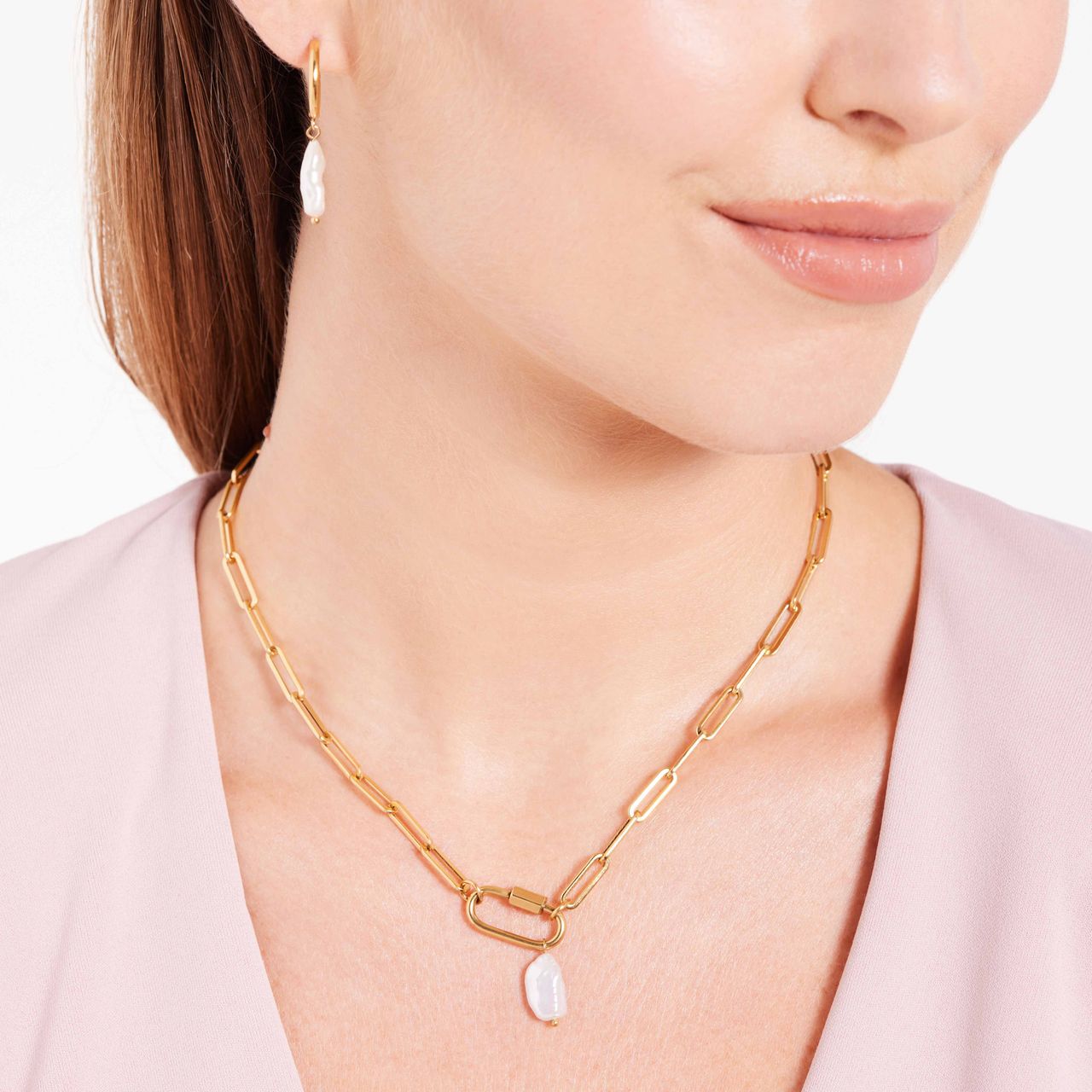 Stalen goldplated ketting met hanger met parel voor dames