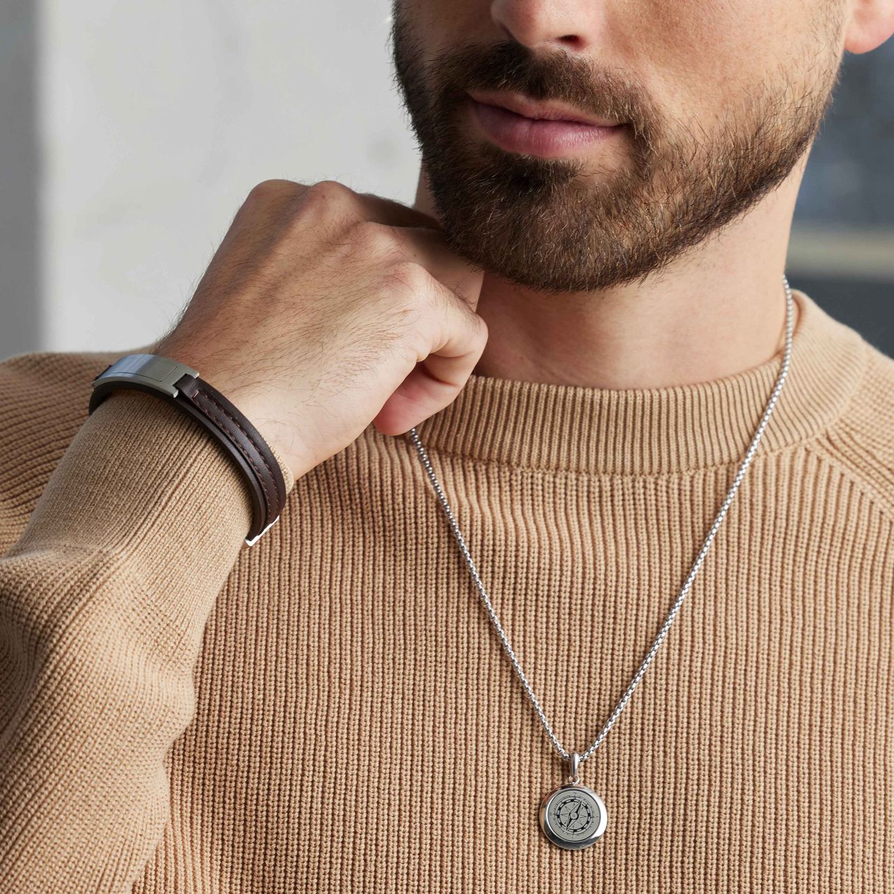 Gerecycled stainless steel voor heren ketting met hanger kompas voor heren