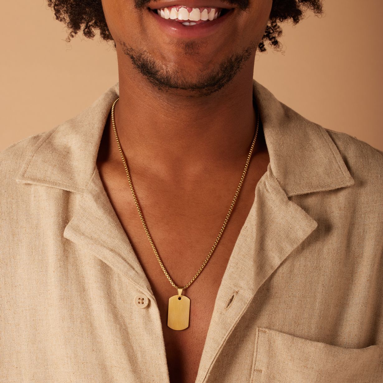 Gerecycled stainless steel goldplated ketting met hanger plaat mat voor heren