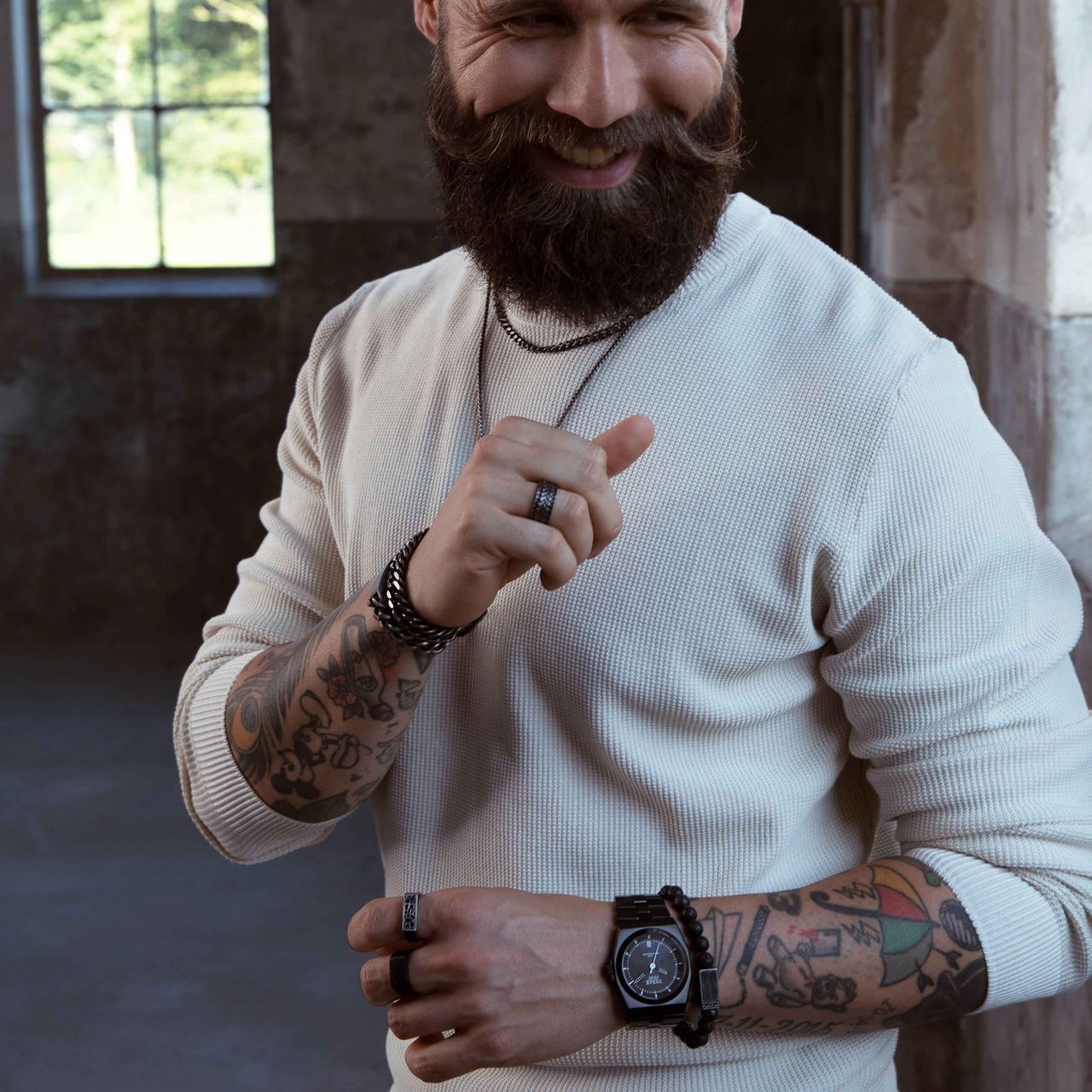 Gerecycled stainless steel herenring schakel anique finish